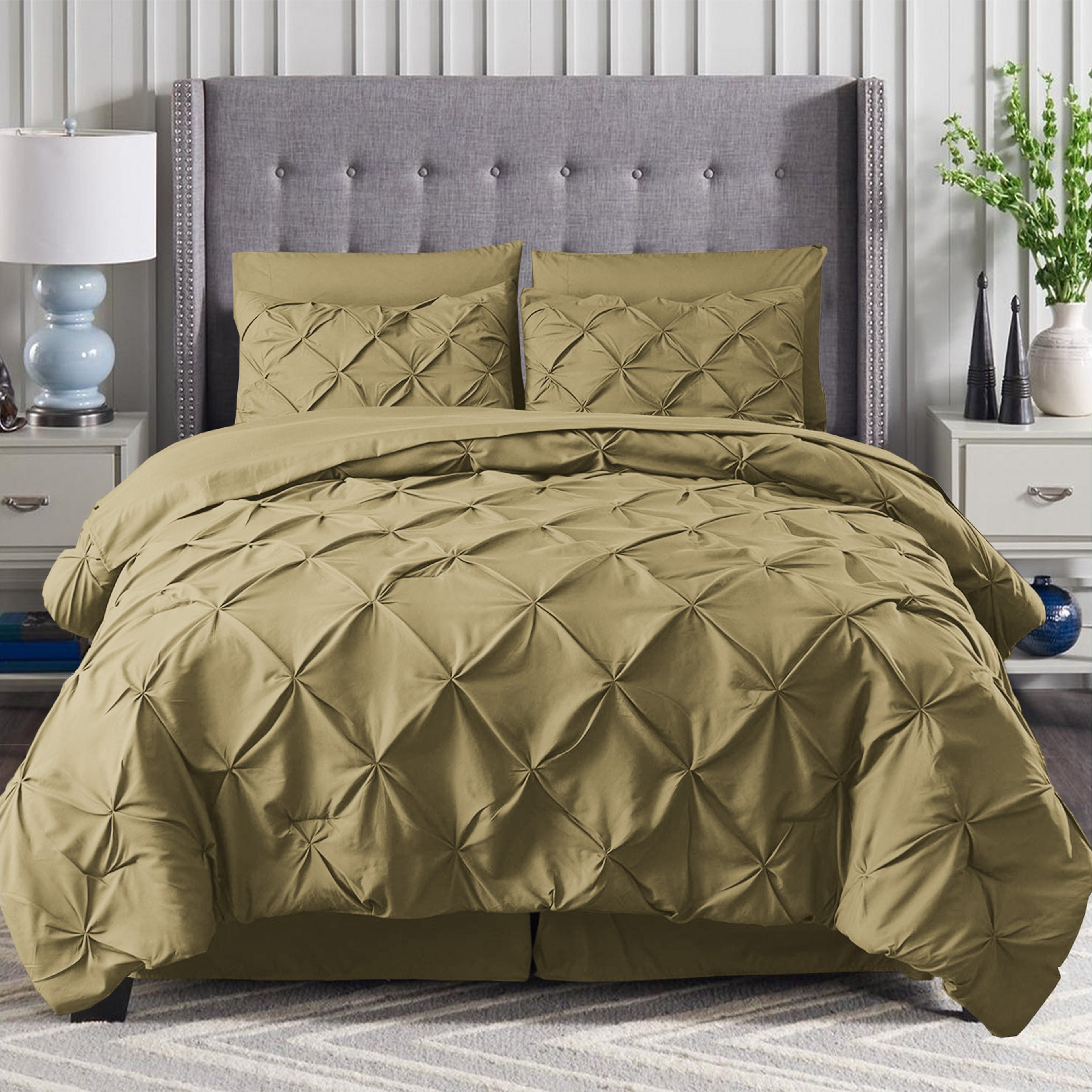 8-Piece Pintuck Pinch Pleated Comforter Set - Includes 4-Piece Sheet Set with Double Sided Storage Pockets