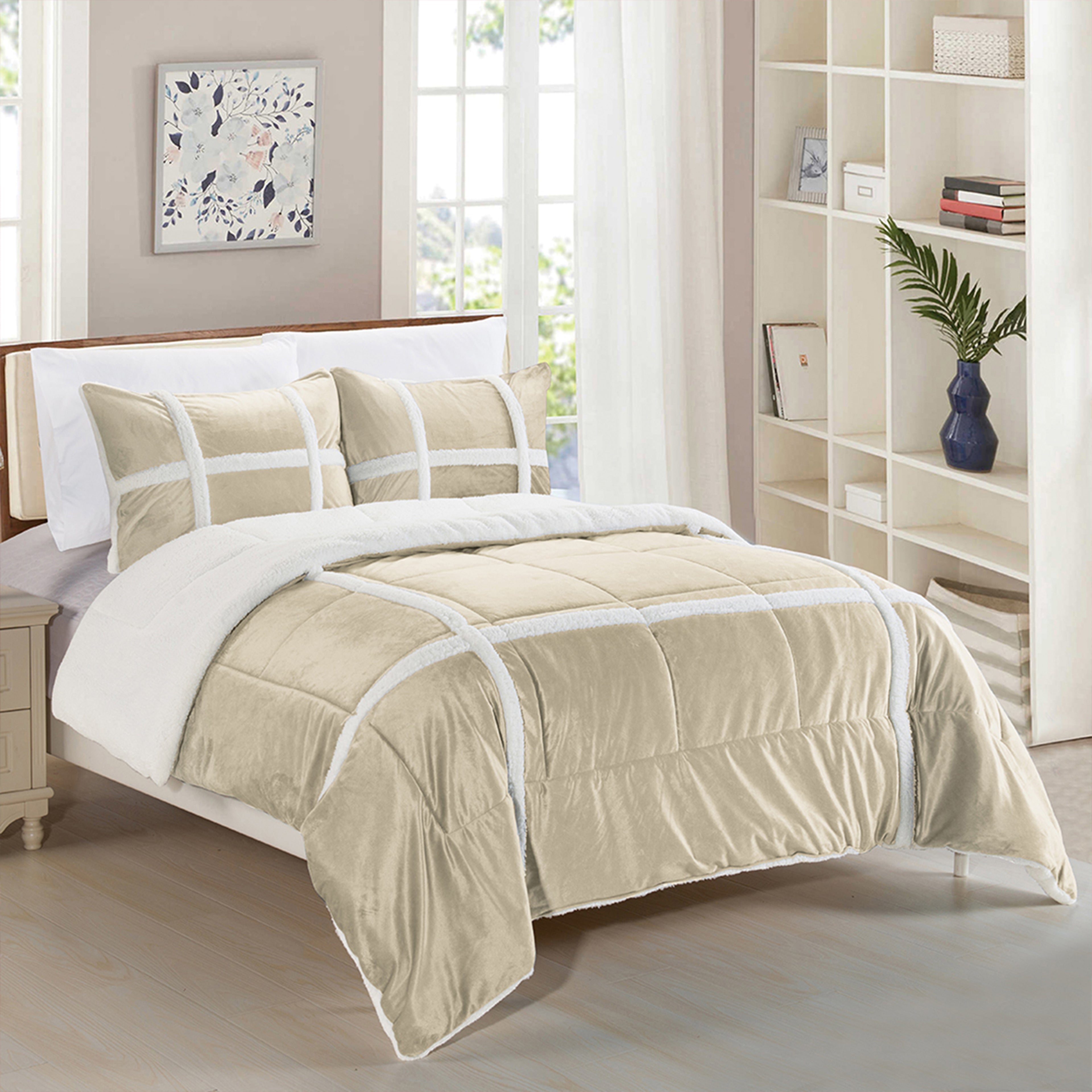3-Piece Stripe Micro-Suede Reversible Sherpa - Comforter Set