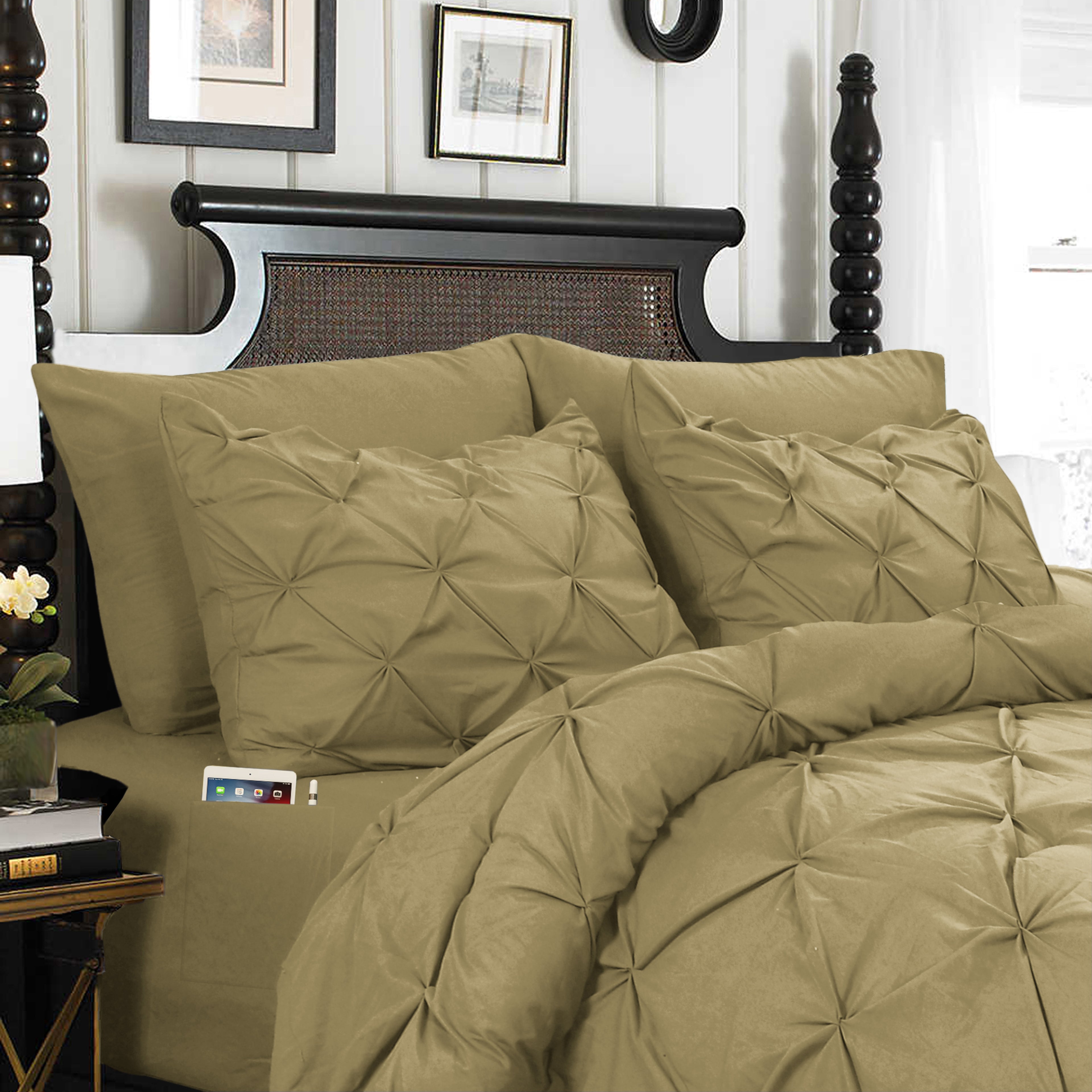 8-Piece Pintuck Pinch Pleated Comforter Set - Includes 4-Piece Sheet Set with Double Sided Storage Pockets