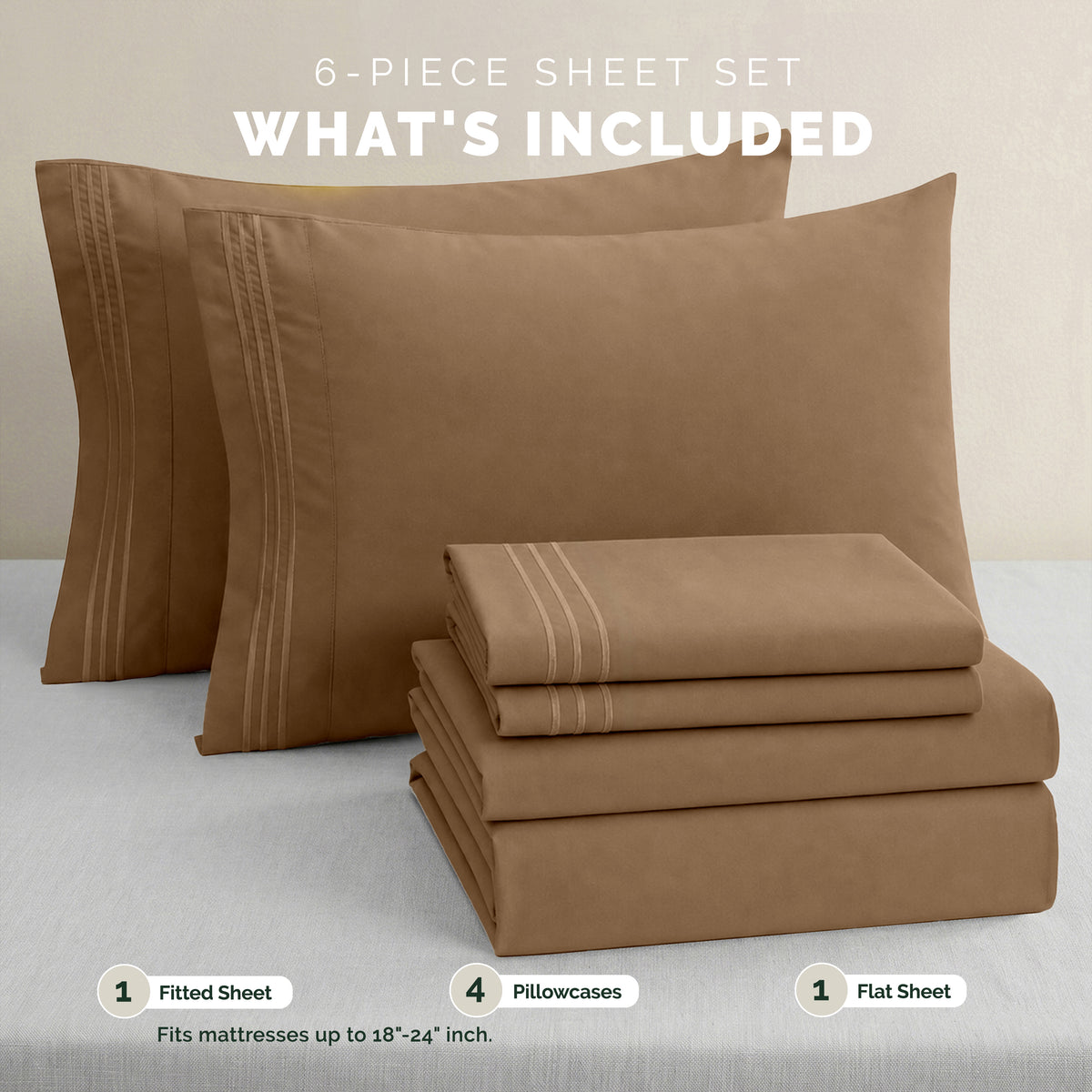 Extra deep 18-24 Inch Pocket 3 Line Embroidery, 6-Piece Sheet Set, Moody Shades