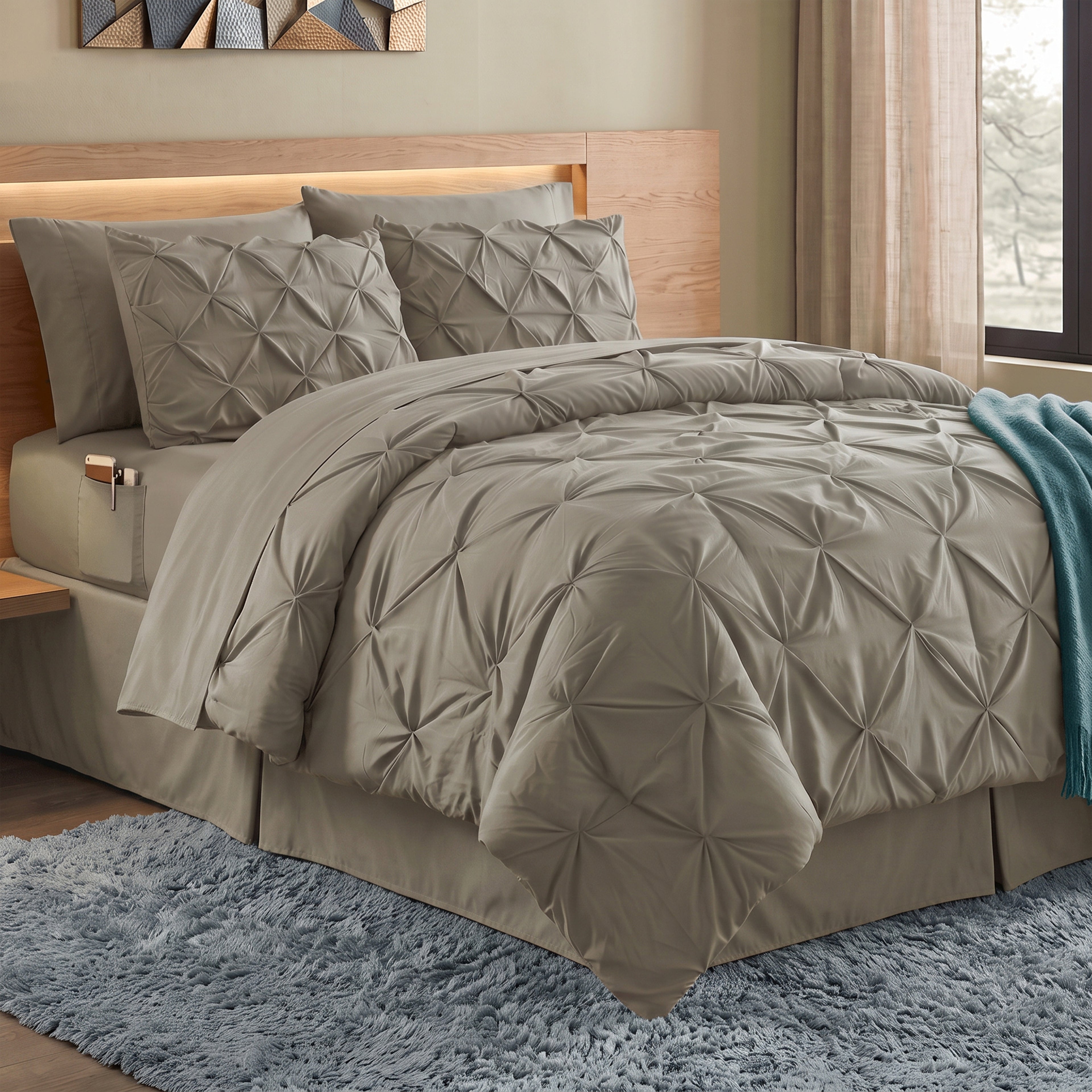 8-Piece Pintuck Pinch Pleated Comforter Set - Includes 4-Piece Sheet Set with Double Sided Storage Pockets