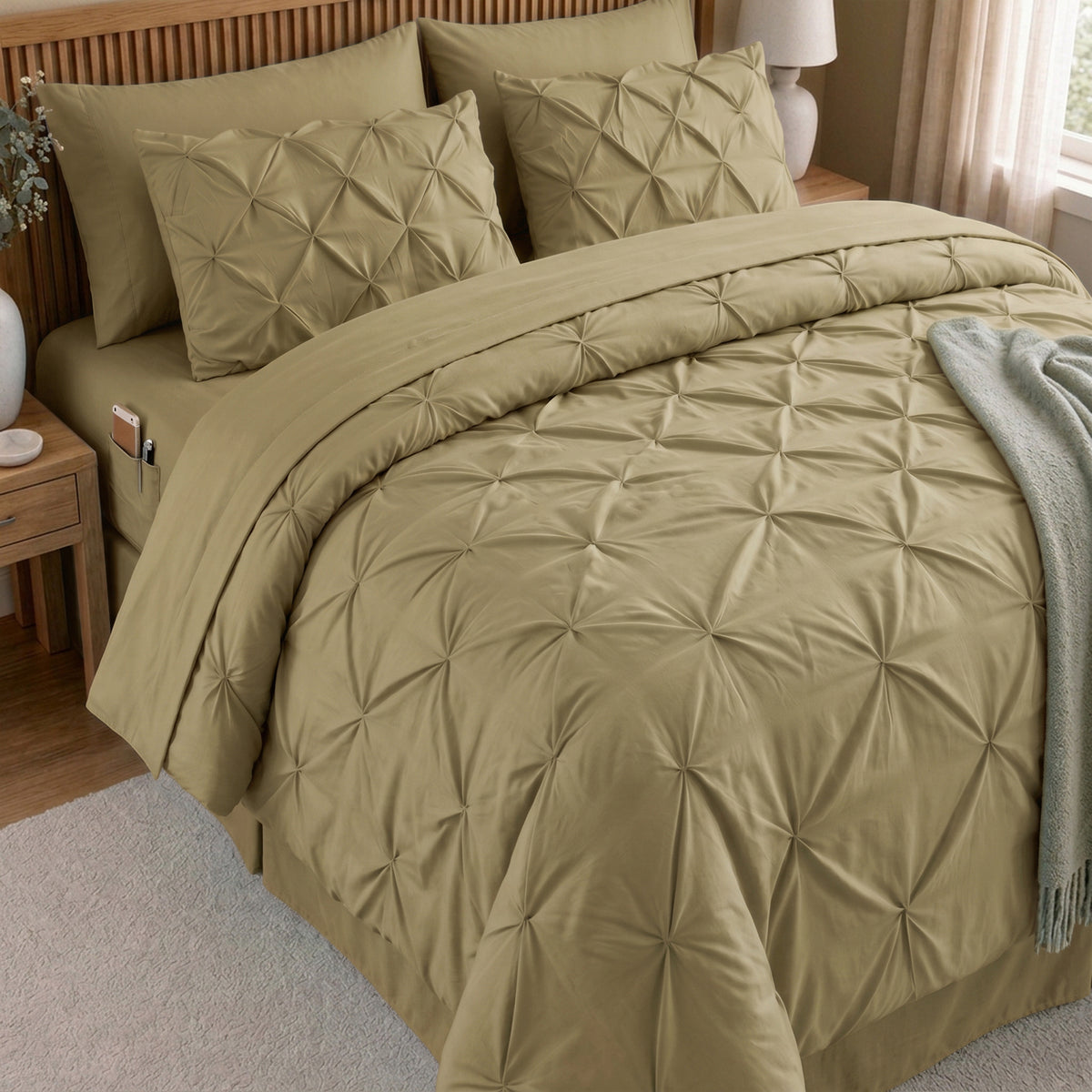 8-Piece Pintuck Pinch Pleated Comforter Set - Includes 4-Piece Sheet Set with Double Sided Storage Pockets