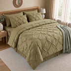 8-Piece Pintuck Pinch Pleated Comforter Set - Includes 4-Piece Sheet Set with Double Sided Storage Pockets