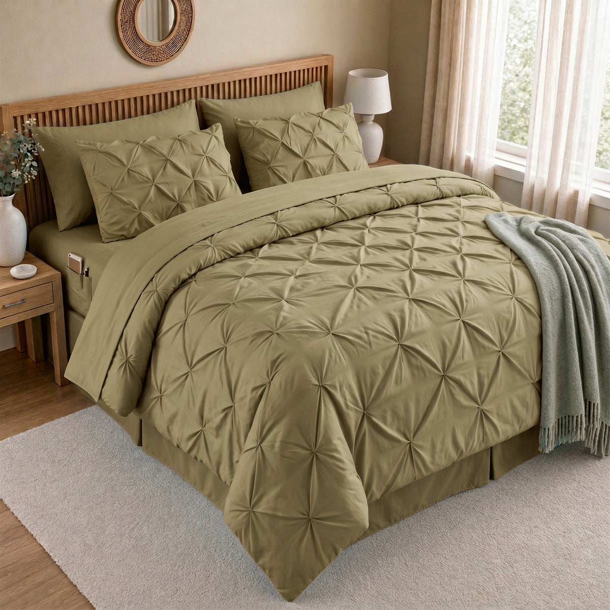 8-Piece Pintuck Pinch Pleated Comforter Set - Includes 4-Piece Sheet Set with Double Sided Storage Pockets