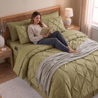 8-Piece Pintuck Pinch Pleated Comforter Set - Includes 4-Piece Sheet Set with Double Sided Storage Pockets