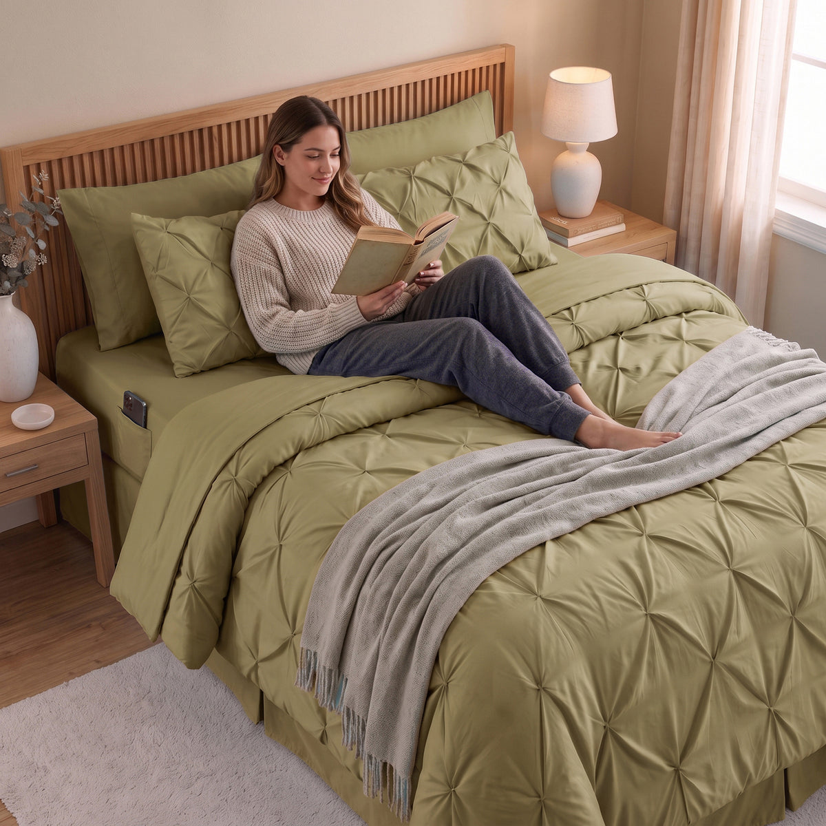 8-Piece Pintuck Pinch Pleated Comforter Set - Includes 4-Piece Sheet Set with Double Sided Storage Pockets