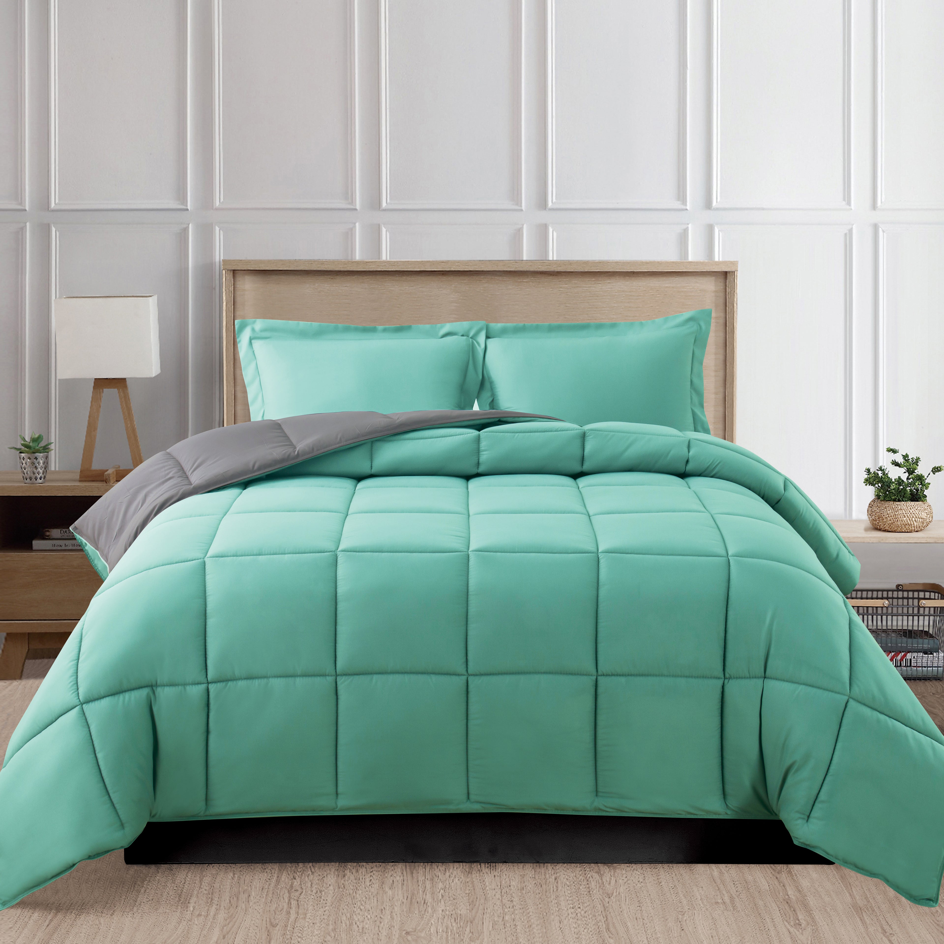 Reversible 3-Piece Box Stitched Comforter & Shams - Duvet Insert with 4 Corner Tabs