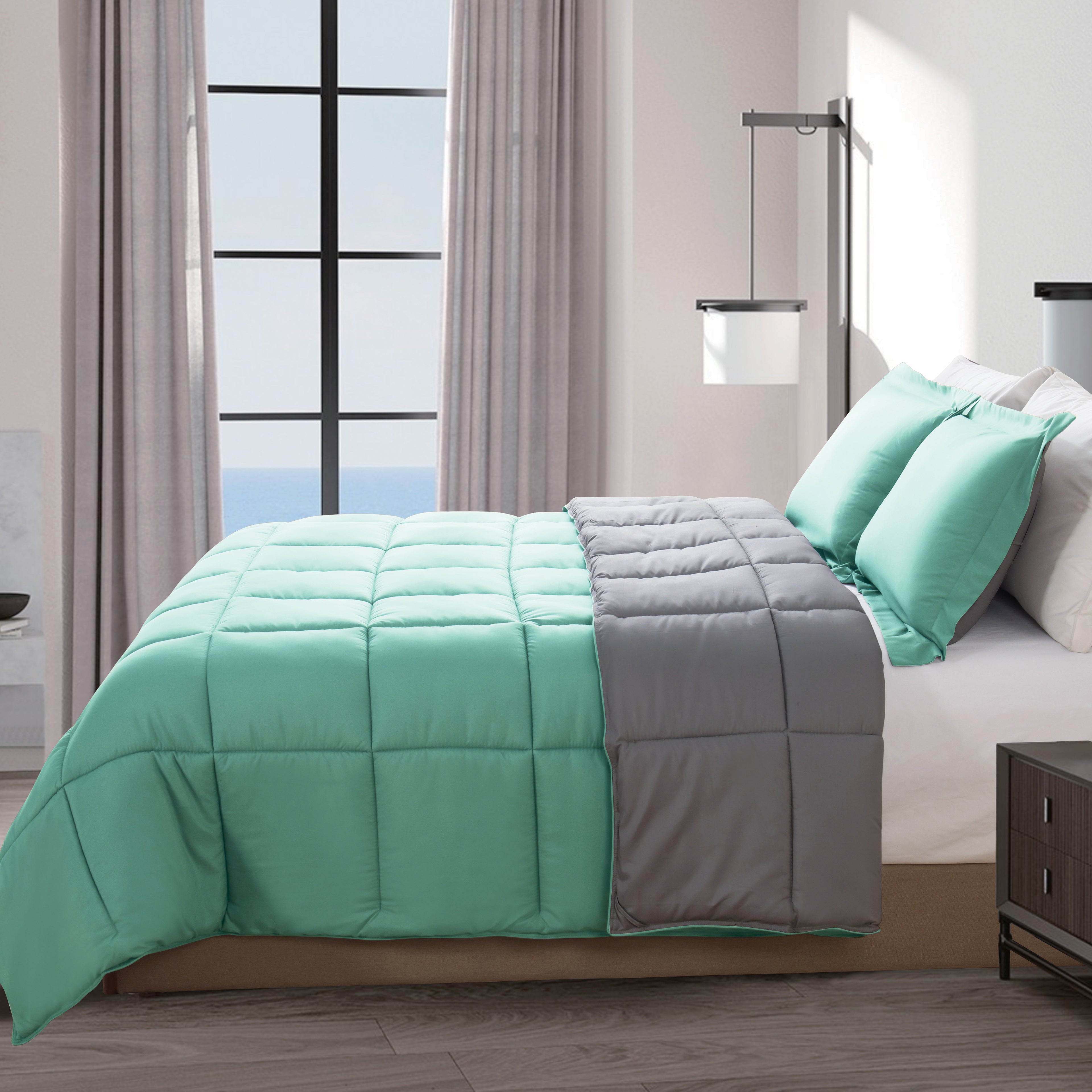 Reversible 3-Piece Box Stitched Comforter & Shams - Duvet Insert with 4 Corner Tabs