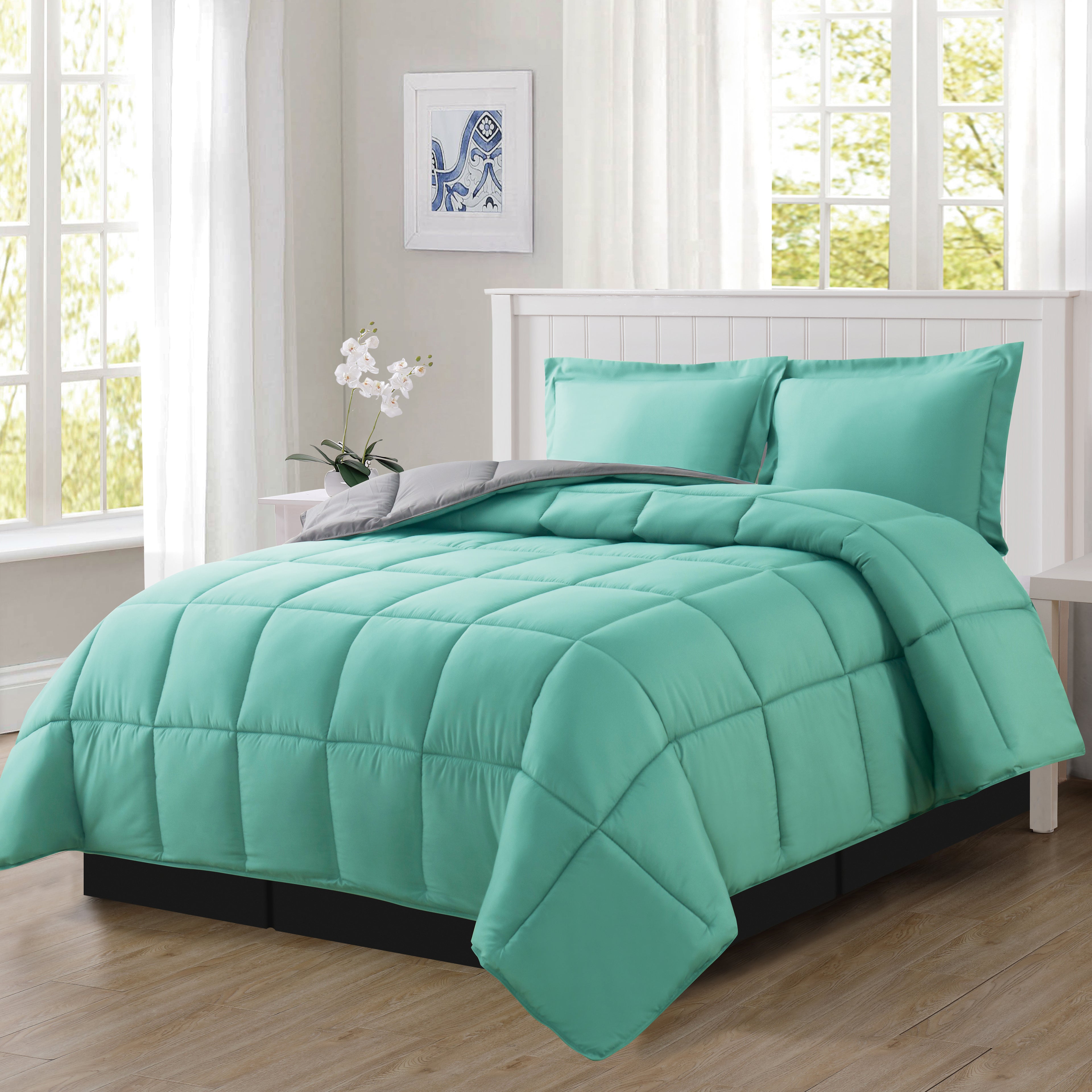 Reversible 3-Piece Box Stitched Comforter & Shams - Duvet Insert with 4 Corner Tabs