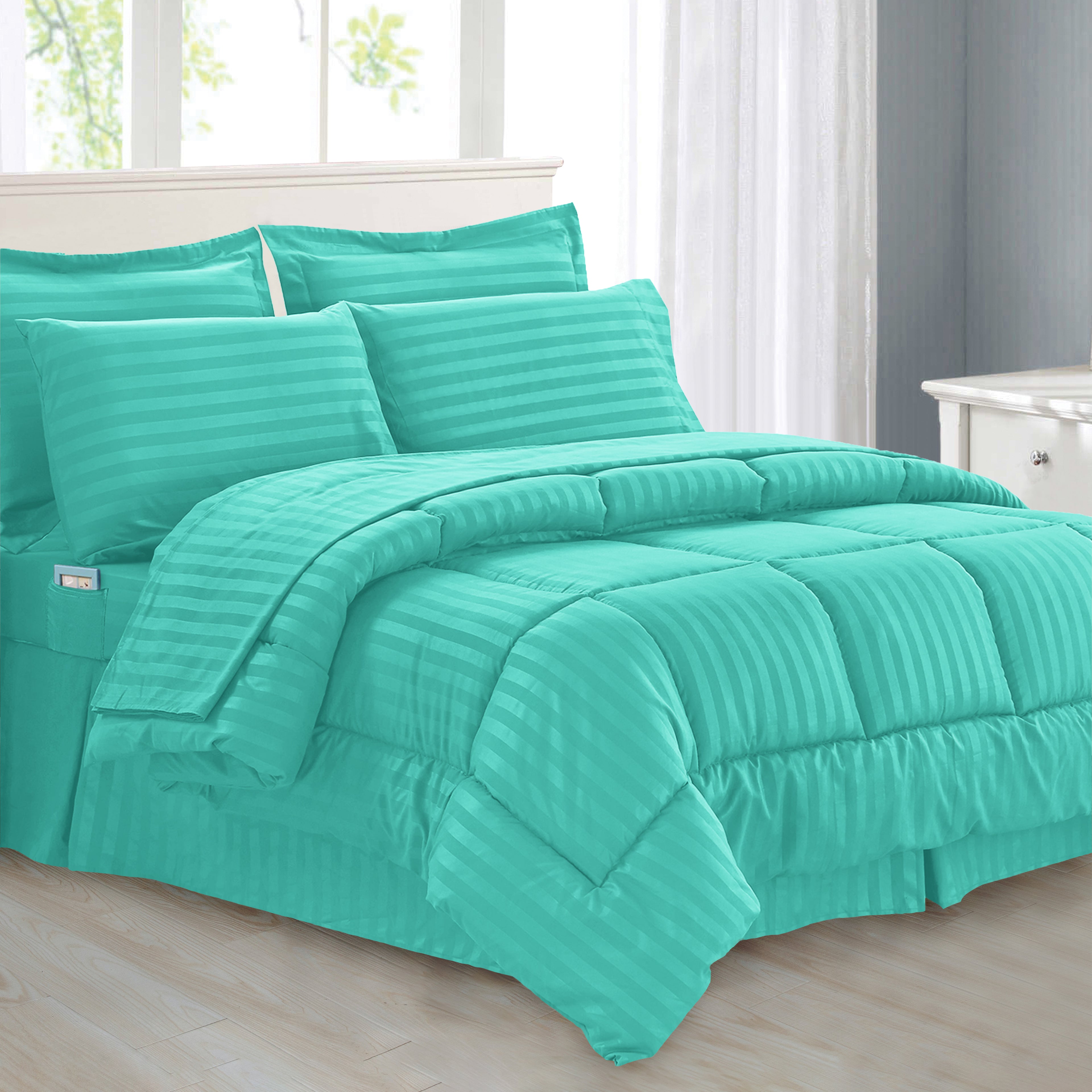 8-Piece Dobby Stripe Comforter Set - Includes 4-Piece Sheet Set with Double Sided Storage Pockets
