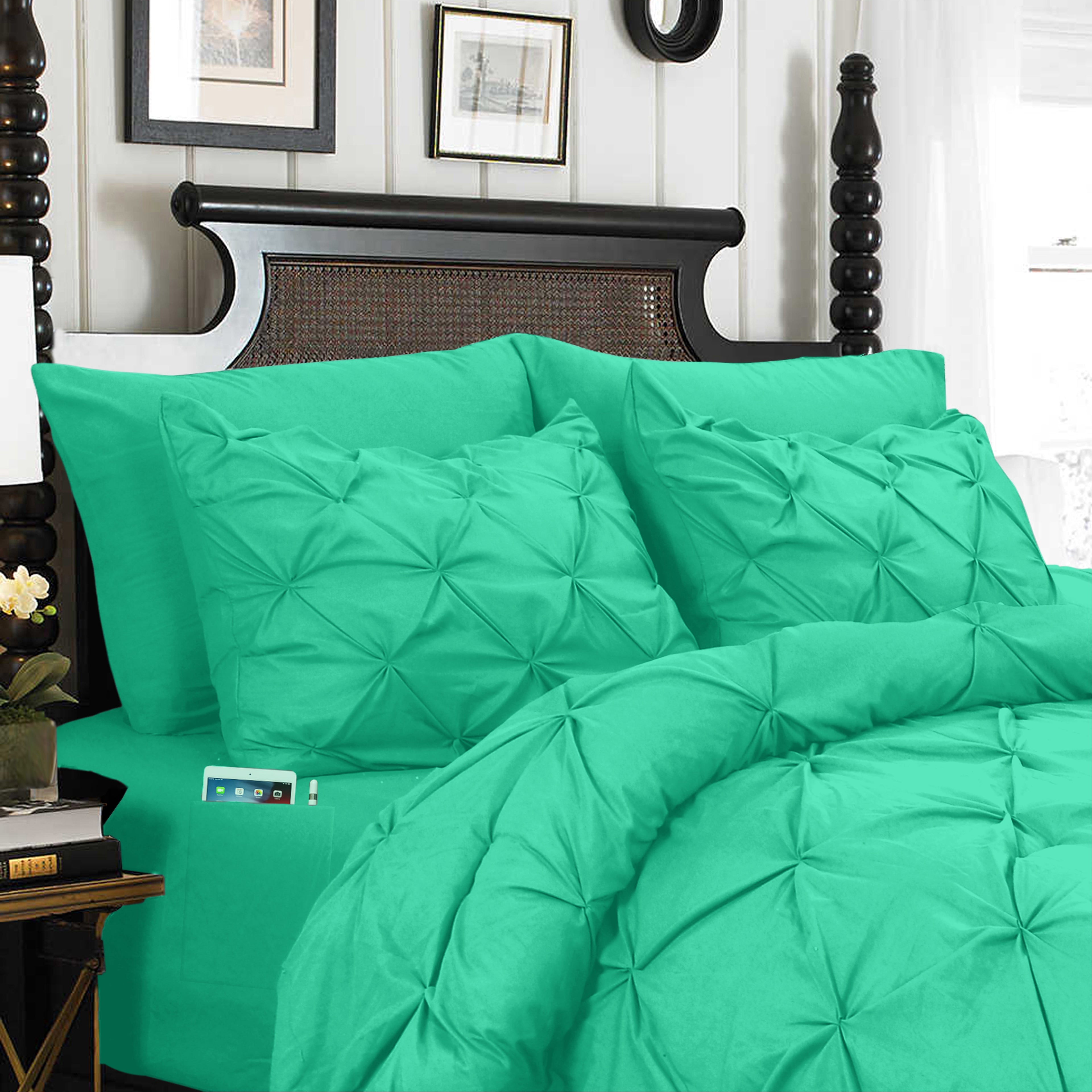 8-Piece Pintuck Pinch Pleated Comforter Set - Includes 4-Piece Sheet Set with Double Sided Storage Pockets