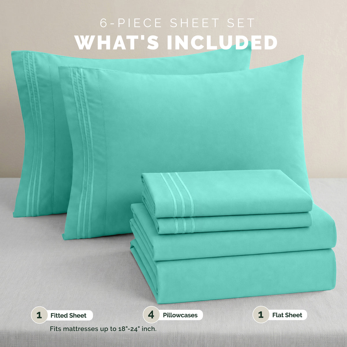 Extra deep Pocket 3 Line Embroidery, 6-Piece Sheet Set