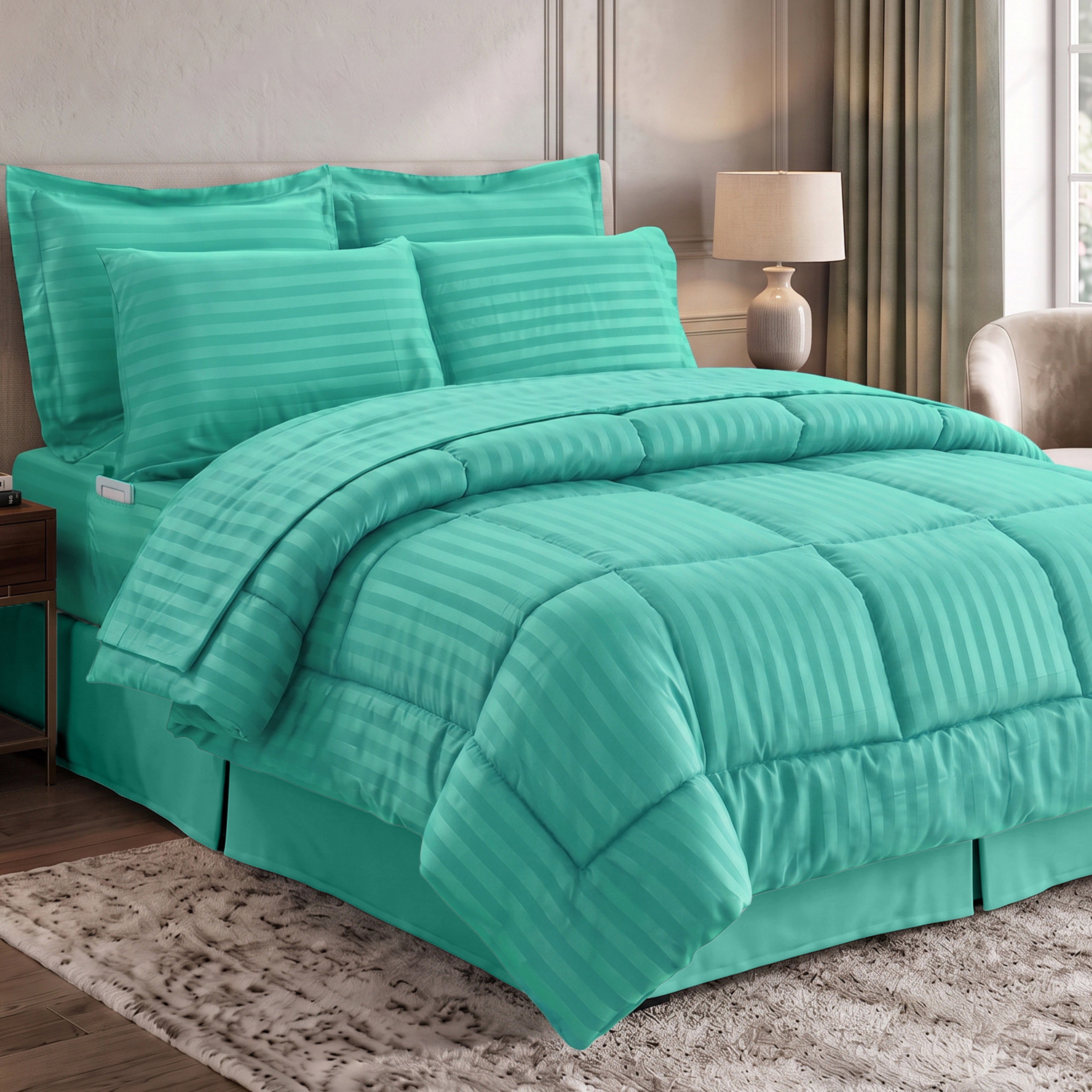 8-Piece Dobby Stripe Comforter Set - Includes 4-Piece Sheet Set with Double Sided Storage Pockets