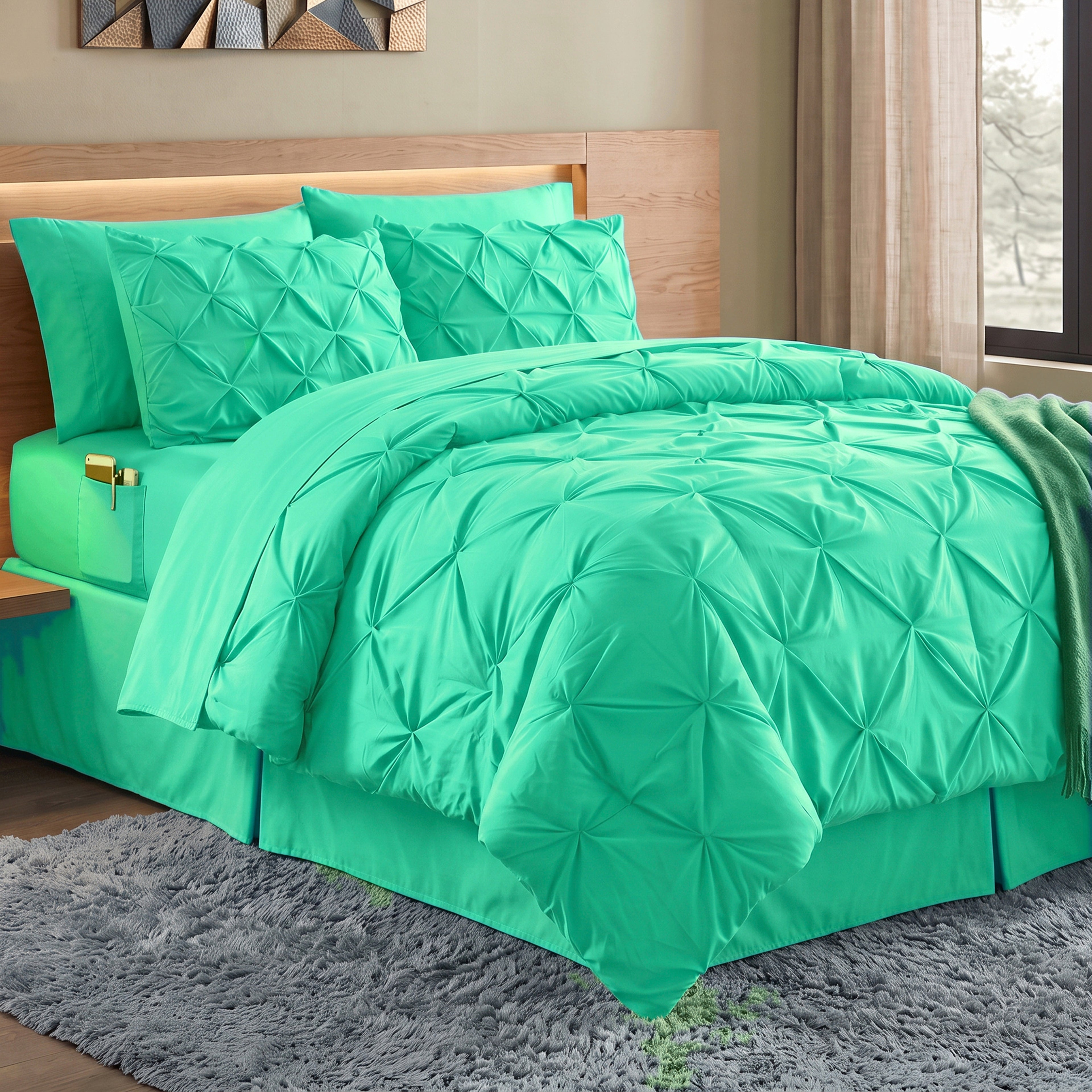 8-Piece Pintuck Pinch Pleated Comforter Set - Includes 4-Piece Sheet Set with Double Sided Storage Pockets