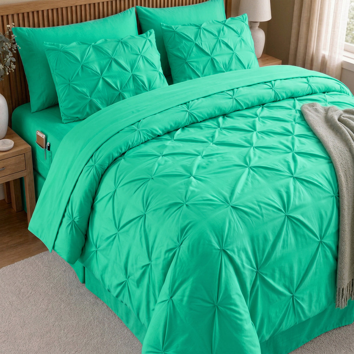 8-Piece Pintuck Pinch Pleated Comforter Set - Includes 4-Piece Sheet Set with Double Sided Storage Pockets