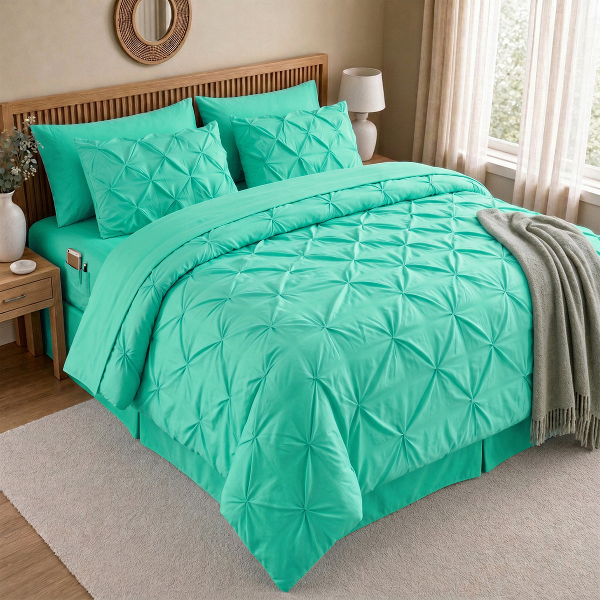 8-Piece Pintuck Pinch Pleated Comforter Set - Includes 4-Piece Sheet Set with Double Sided Storage Pockets