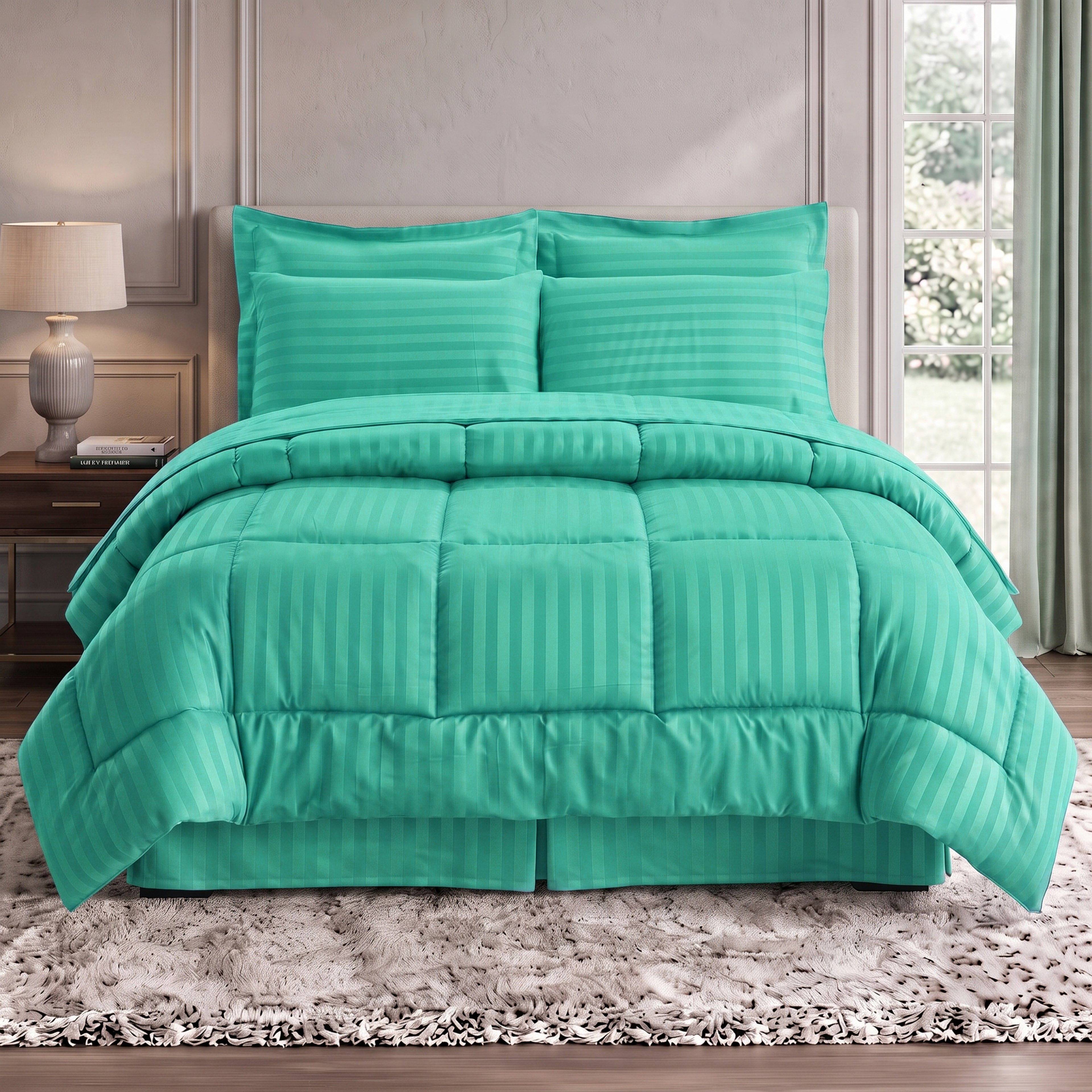 8-Piece Dobby Stripe Comforter Set - Includes 4-Piece Sheet Set with Double Sided Storage Pockets