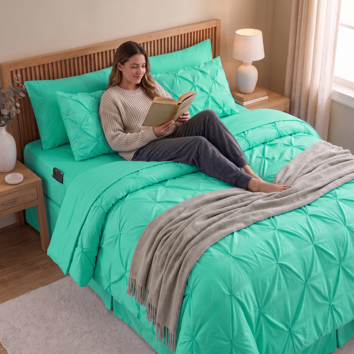 8-Piece Pintuck Pinch Pleated Comforter Set - Includes 4-Piece Sheet Set with Double Sided Storage Pockets