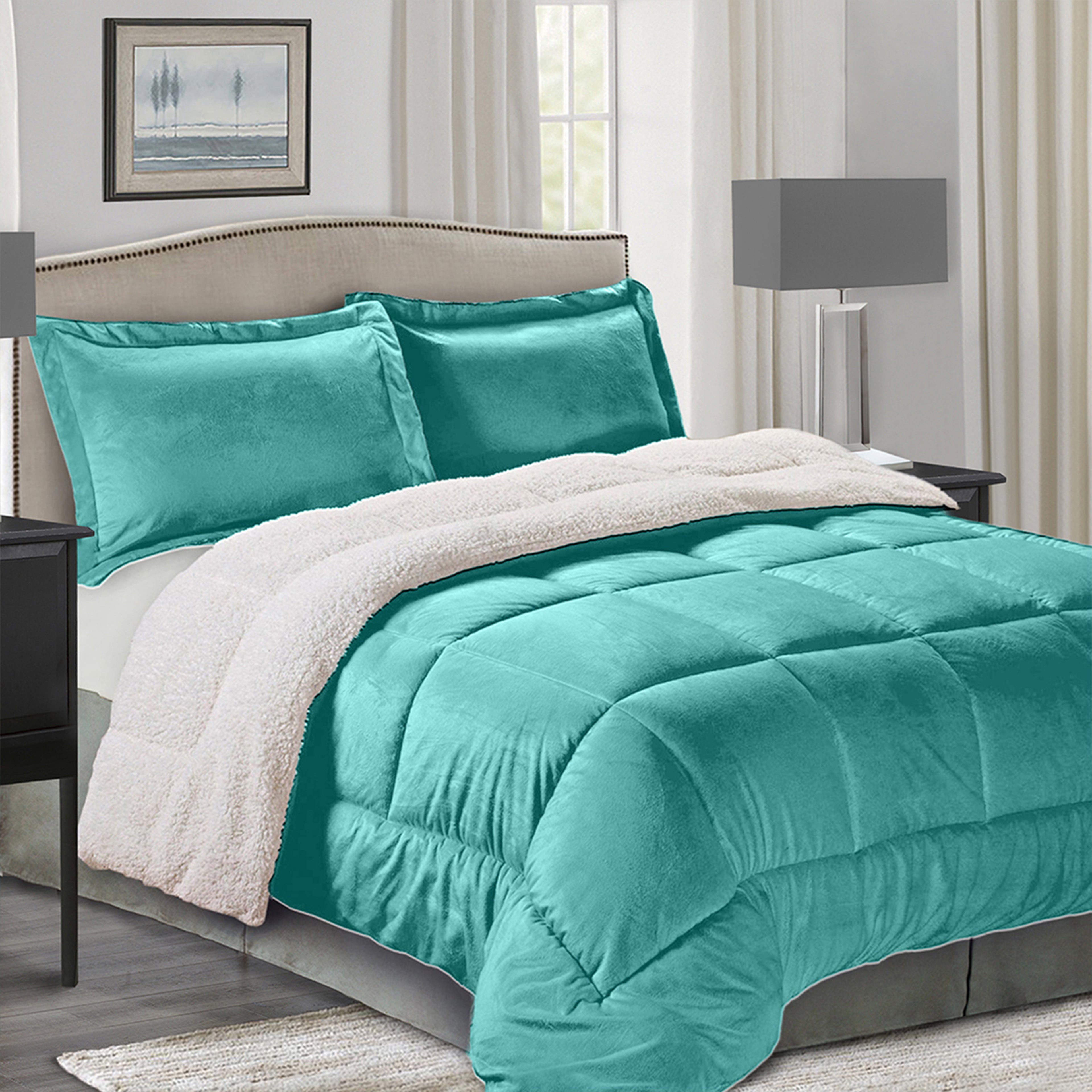 3-Piece Micro-Suede Reversible Sherpa - Solid Color Design Comforter Set