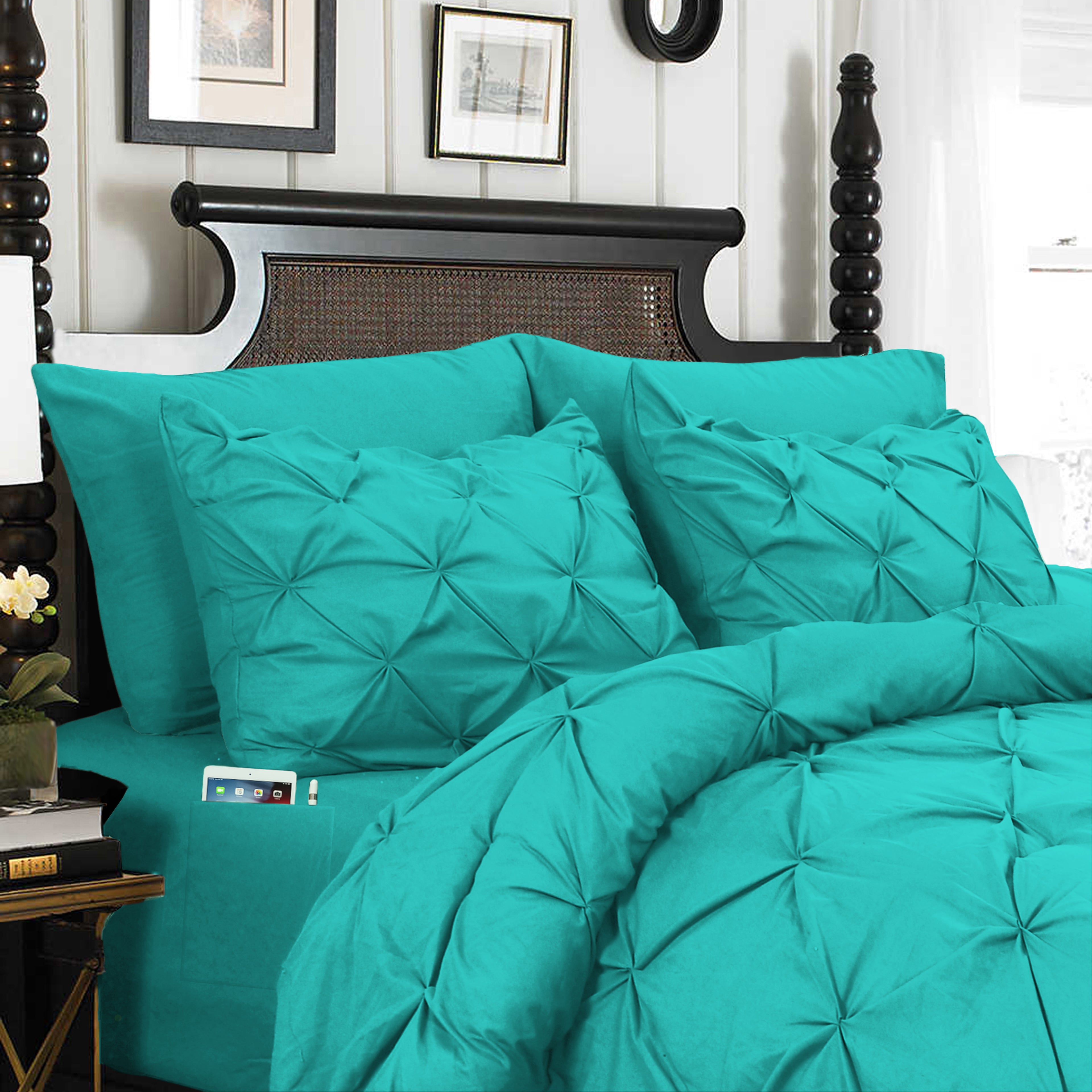 8-Piece Pintuck Pinch Pleated Comforter Set - Includes 4-Piece Sheet Set with Double Sided Storage Pockets