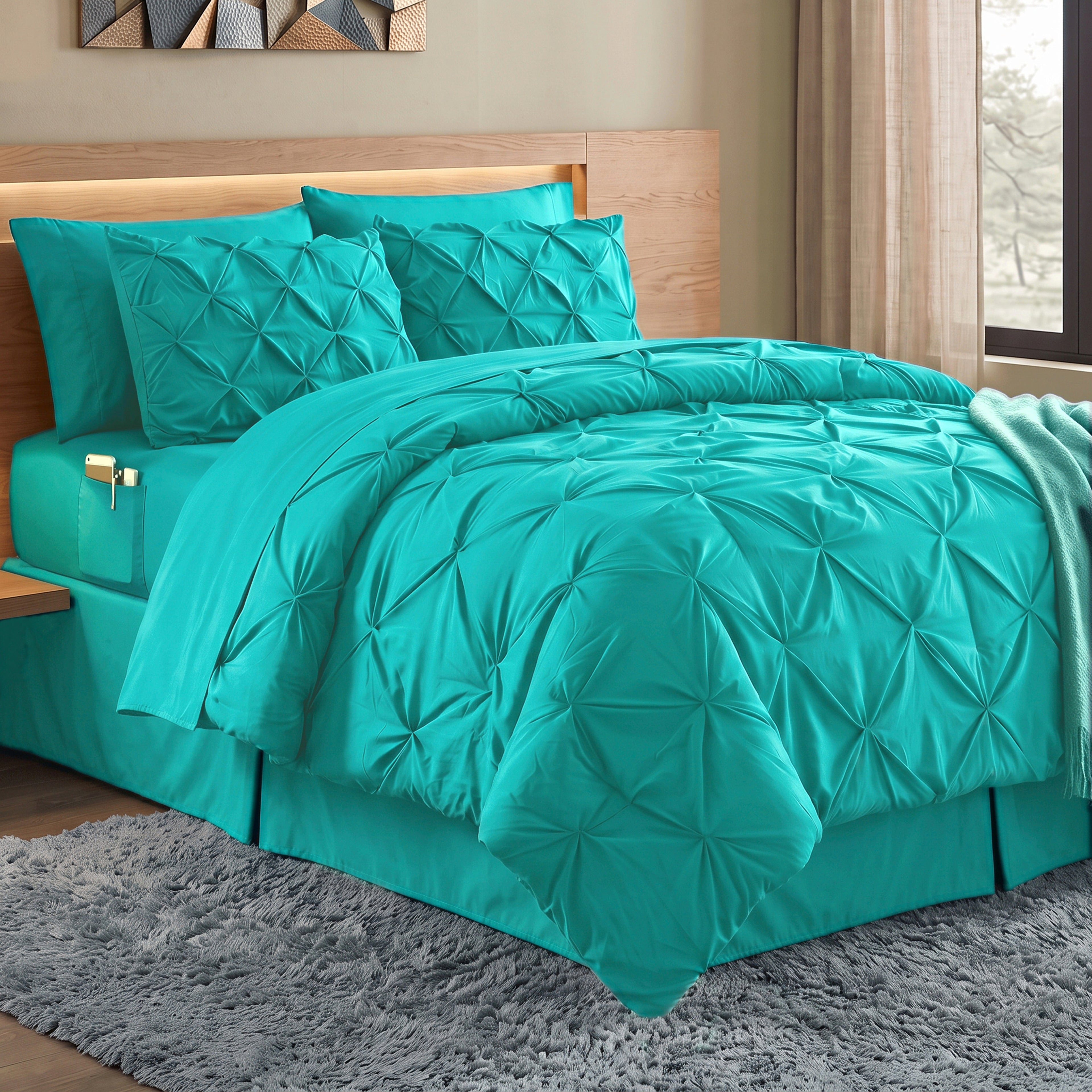 8-Piece Pintuck Pinch Pleated Comforter Set - Includes 4-Piece Sheet Set with Double Sided Storage Pockets