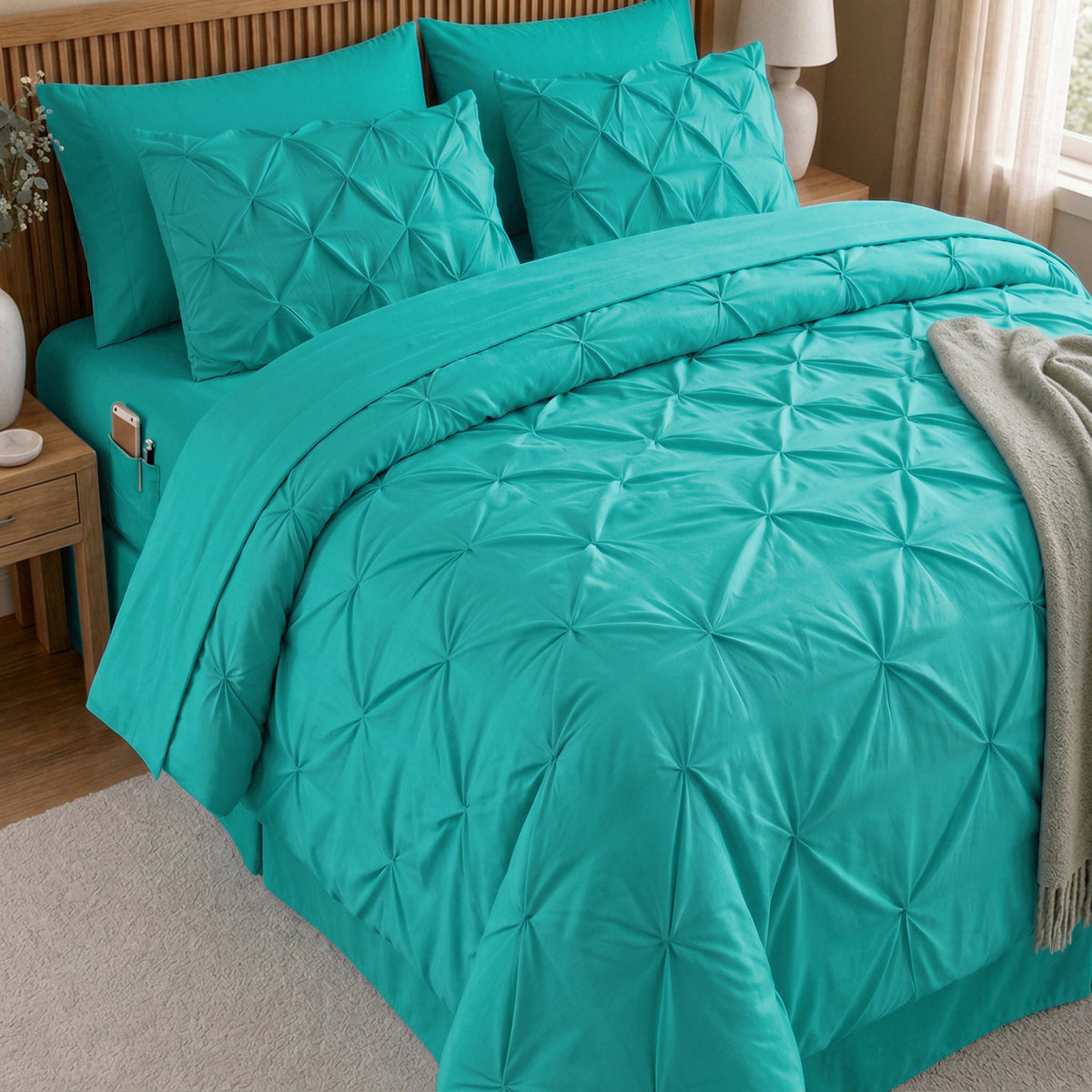 8-Piece Pintuck Pinch Pleated Comforter Set - Includes 4-Piece Sheet Set with Double Sided Storage Pockets