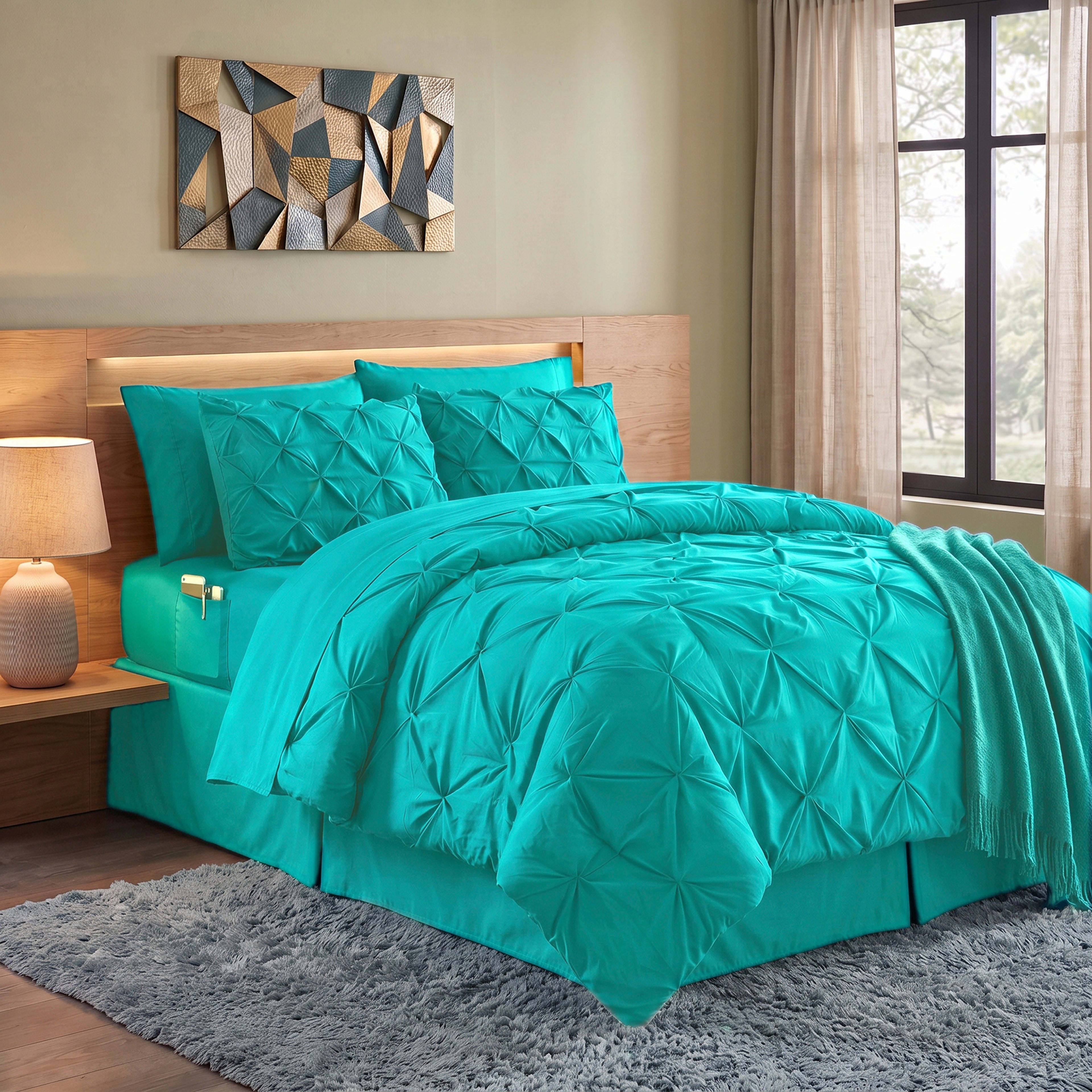 8-Piece Pintuck Pinch Pleated Comforter Set - Includes 4-Piece Sheet Set with Double Sided Storage Pockets