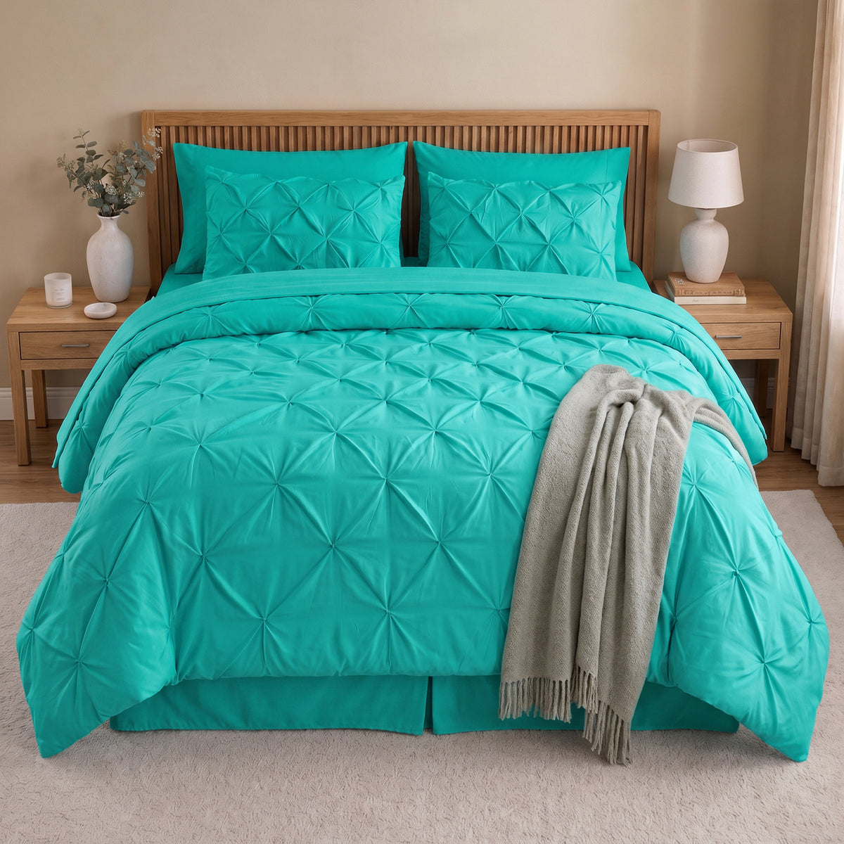 8-Piece Pintuck Pinch Pleated Comforter Set - Includes 4-Piece Sheet Set with Double Sided Storage Pockets