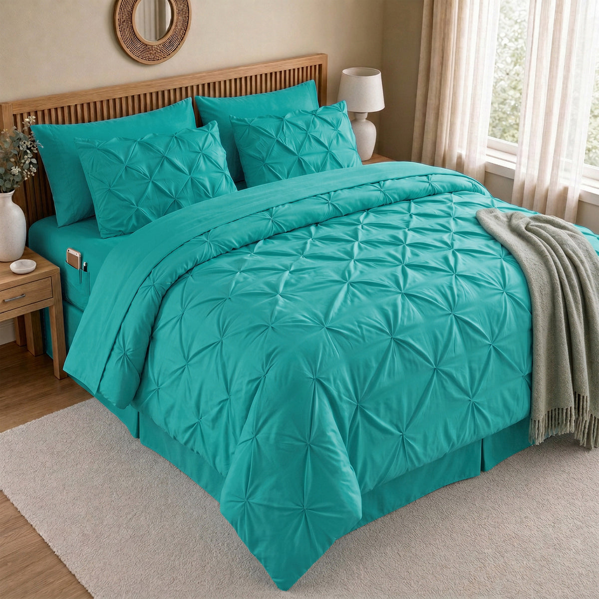 8-Piece Pintuck Pinch Pleated Comforter Set - Includes 4-Piece Sheet Set with Double Sided Storage Pockets