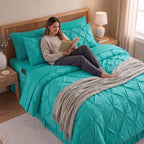 8-Piece Pintuck Pinch Pleated Comforter Set - Includes 4-Piece Sheet Set with Double Sided Storage Pockets