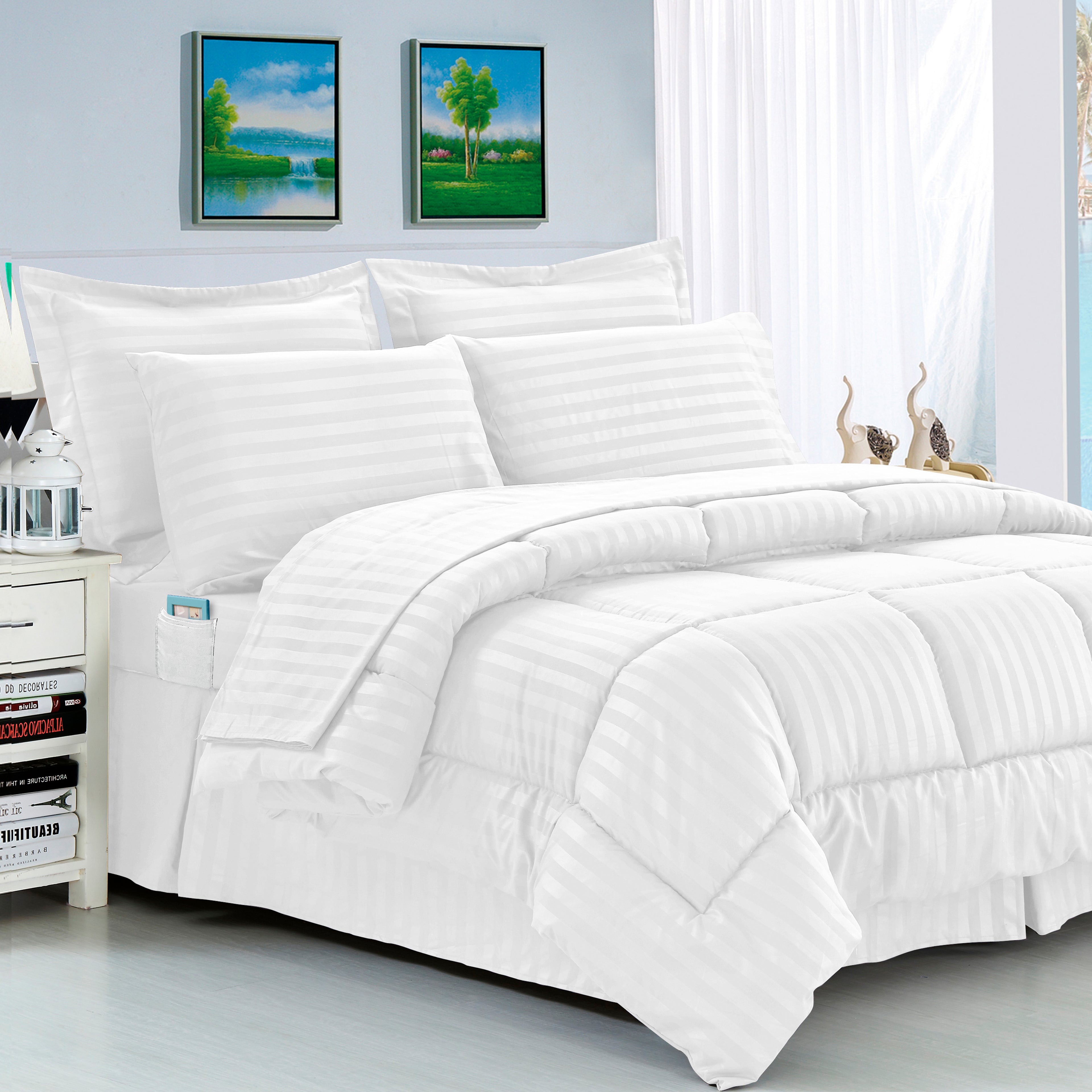 8-Piece Dobby Stripe Comforter Set - Includes 4-Piece Sheet Set with Double Sided Storage Pockets