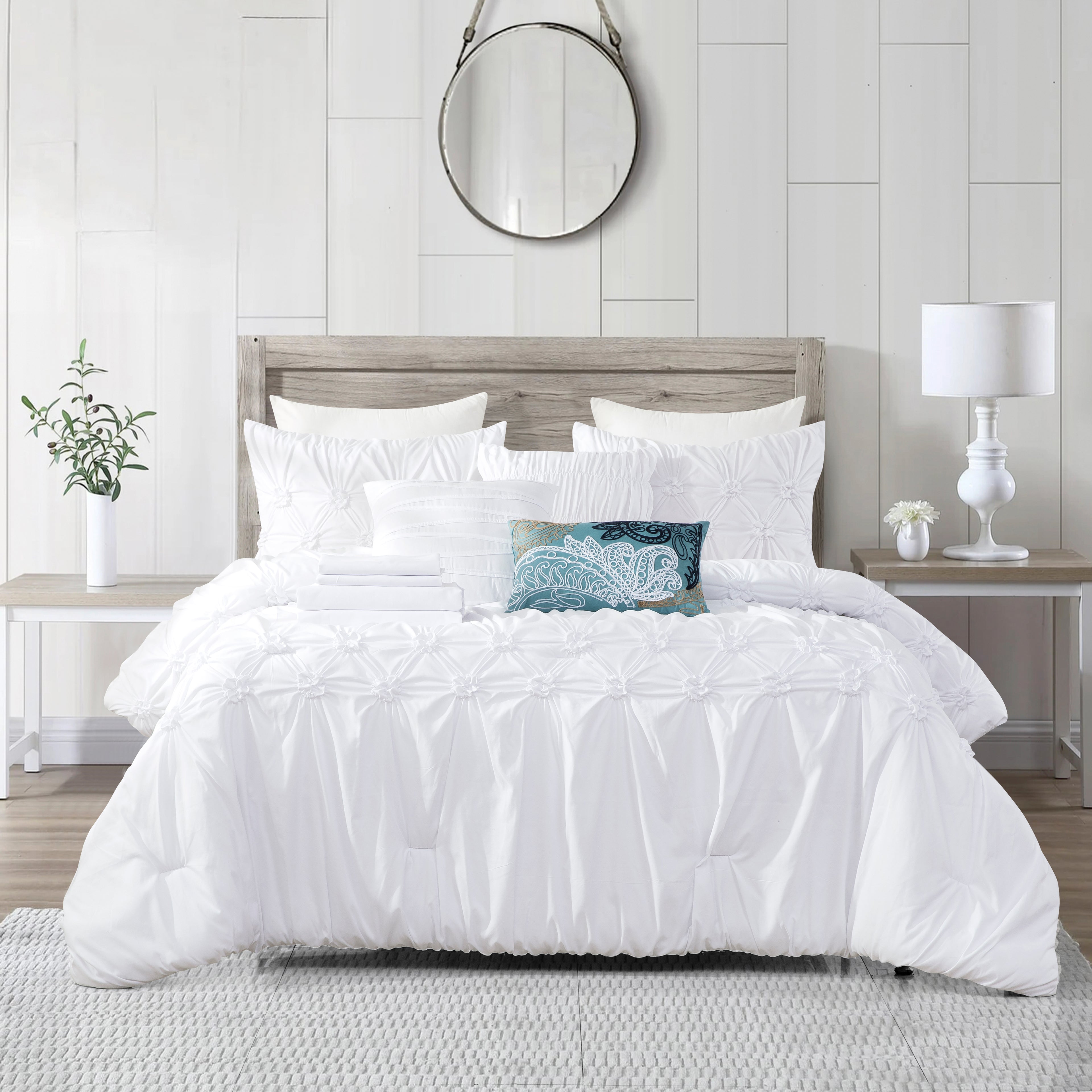 12-Piece Ella Pleated Ruched Pintuck Comforter Set, Includes 6-Piece Sheet Set with Double Sided Storage Pockets
