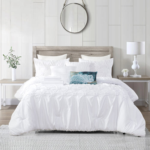 12-Piece Ella Pleated Ruched Pintuck Comforter Set, Includes 6-Piece Sheet Set with Double Sided Storage Pockets