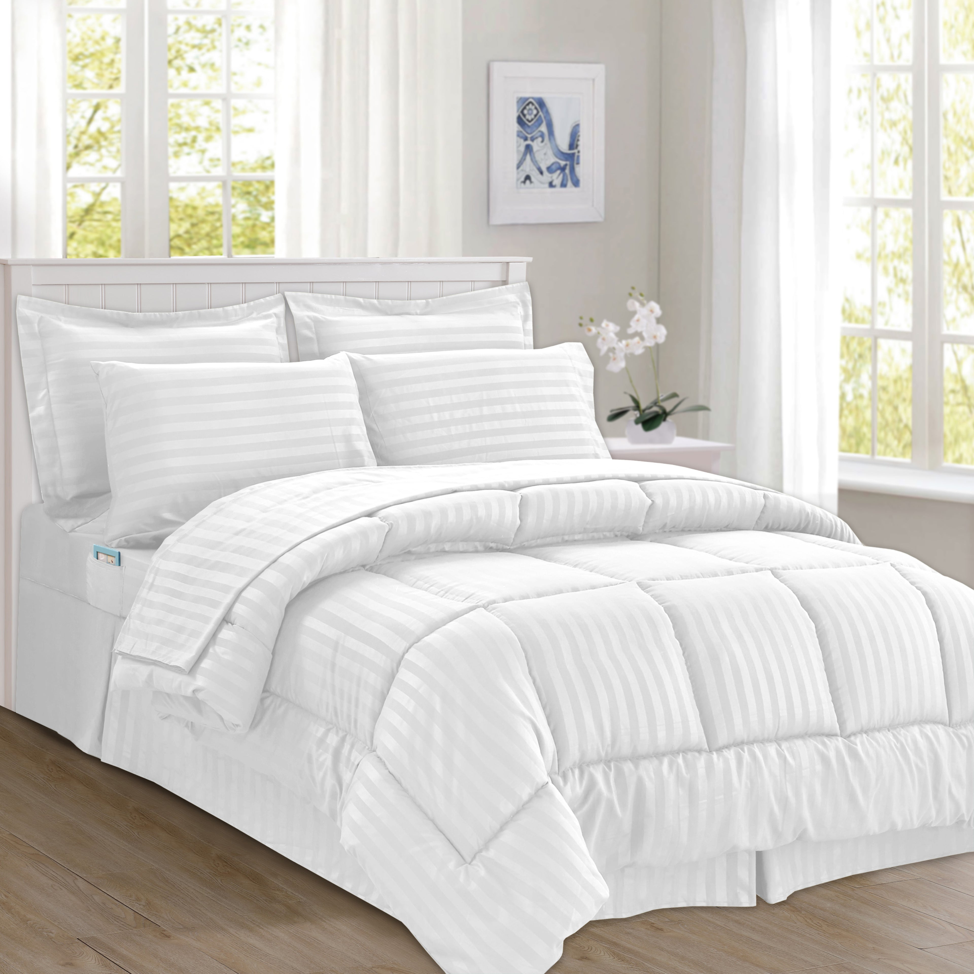8-Piece Dobby Stripe Comforter Set - Includes 4-Piece Sheet Set with Double Sided Storage Pockets