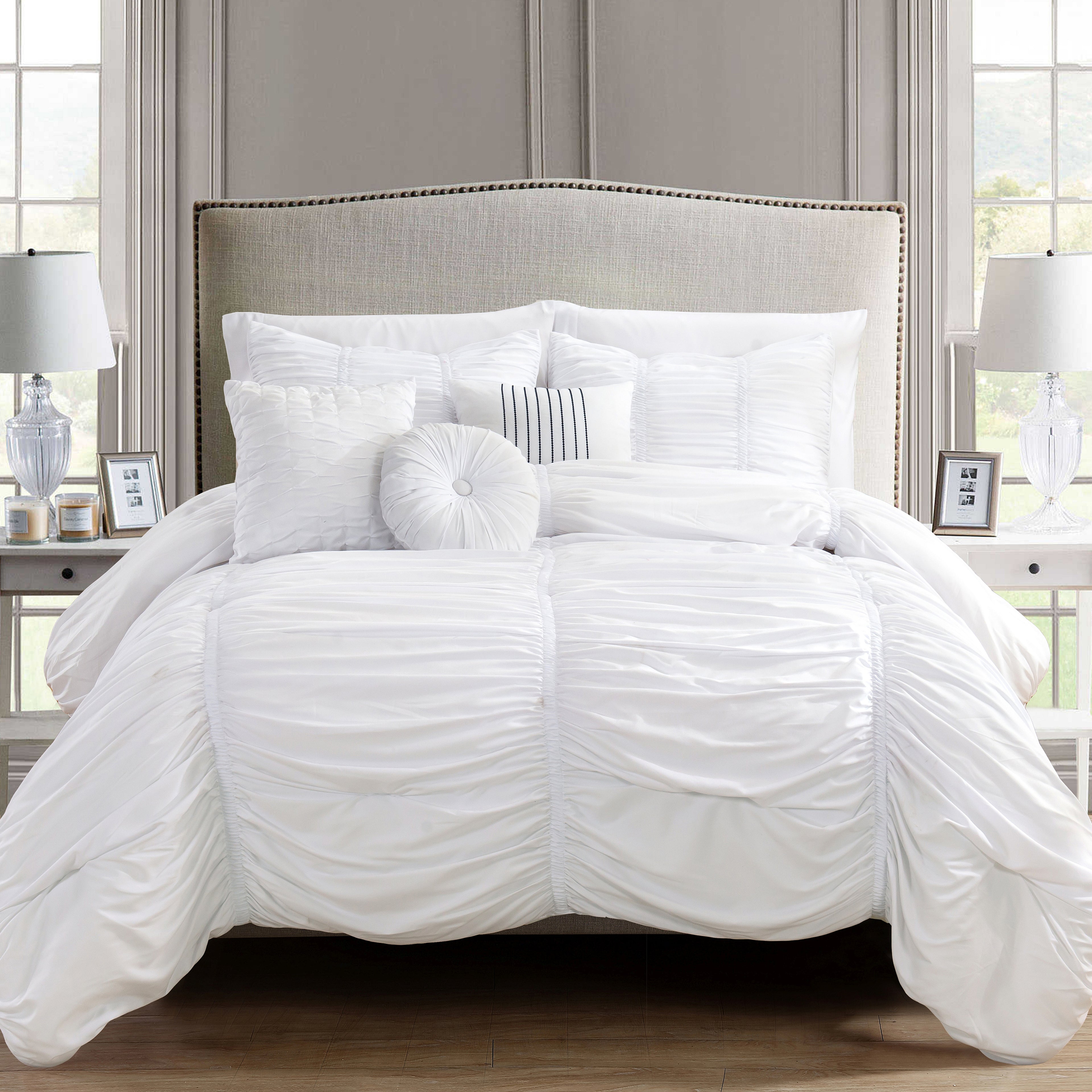 10-Piece Pleated Comforter Set - Includes 4-Piece Sheet Set with Double Sided Storage Pockets