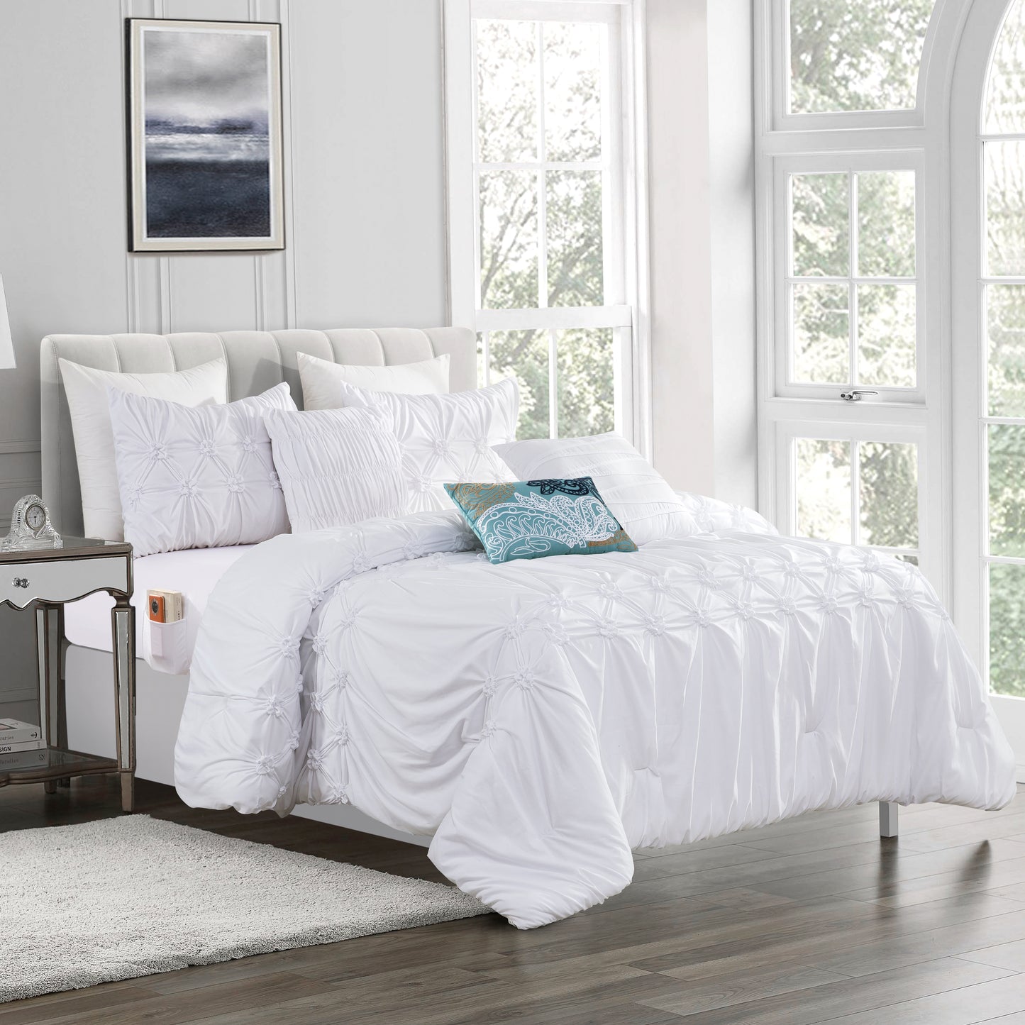 Elegant Comfort 12-Piece Ella Pleated Ruched Pintuck Comforter Set, Includes 6-Piece Sheet Set with Double Sided Storage Pockets