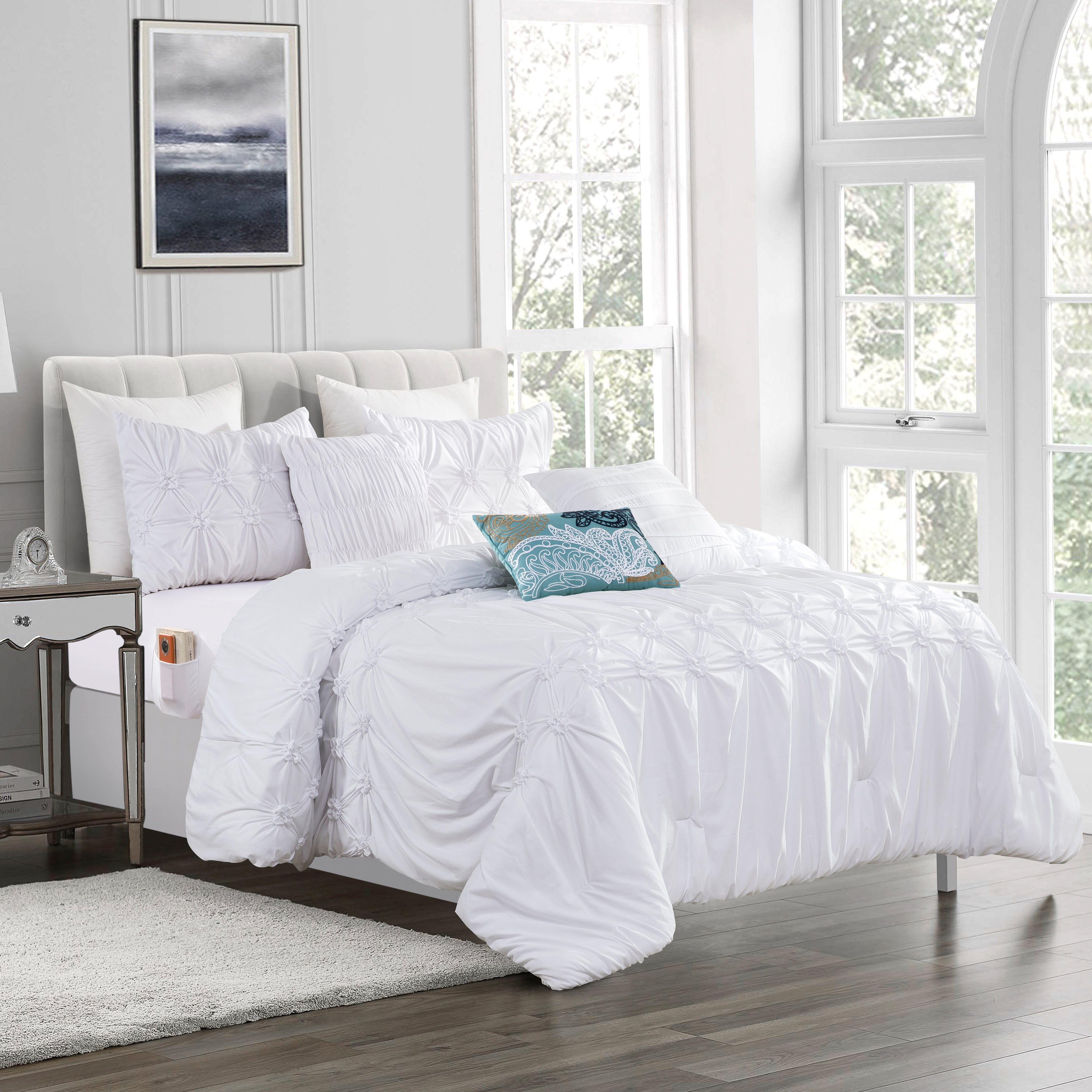 12-Piece Ella Pleated Ruched Pintuck Comforter Set, Includes 6-Piece Sheet Set with Double Sided Storage Pockets