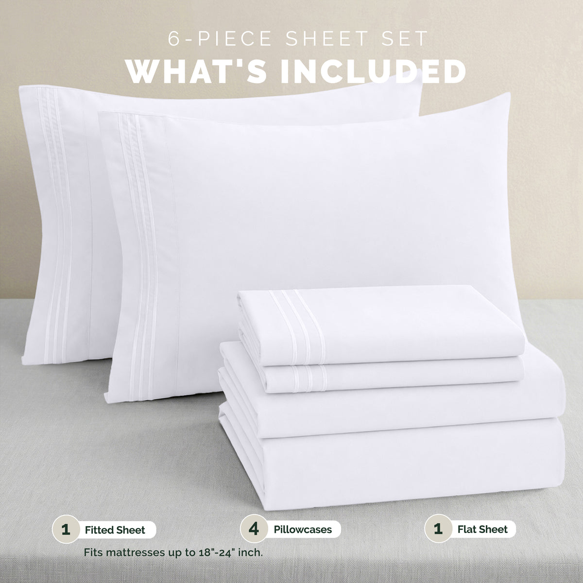 Extra deep Pocket 3 Line Embroidery, 6-Piece Sheet Set