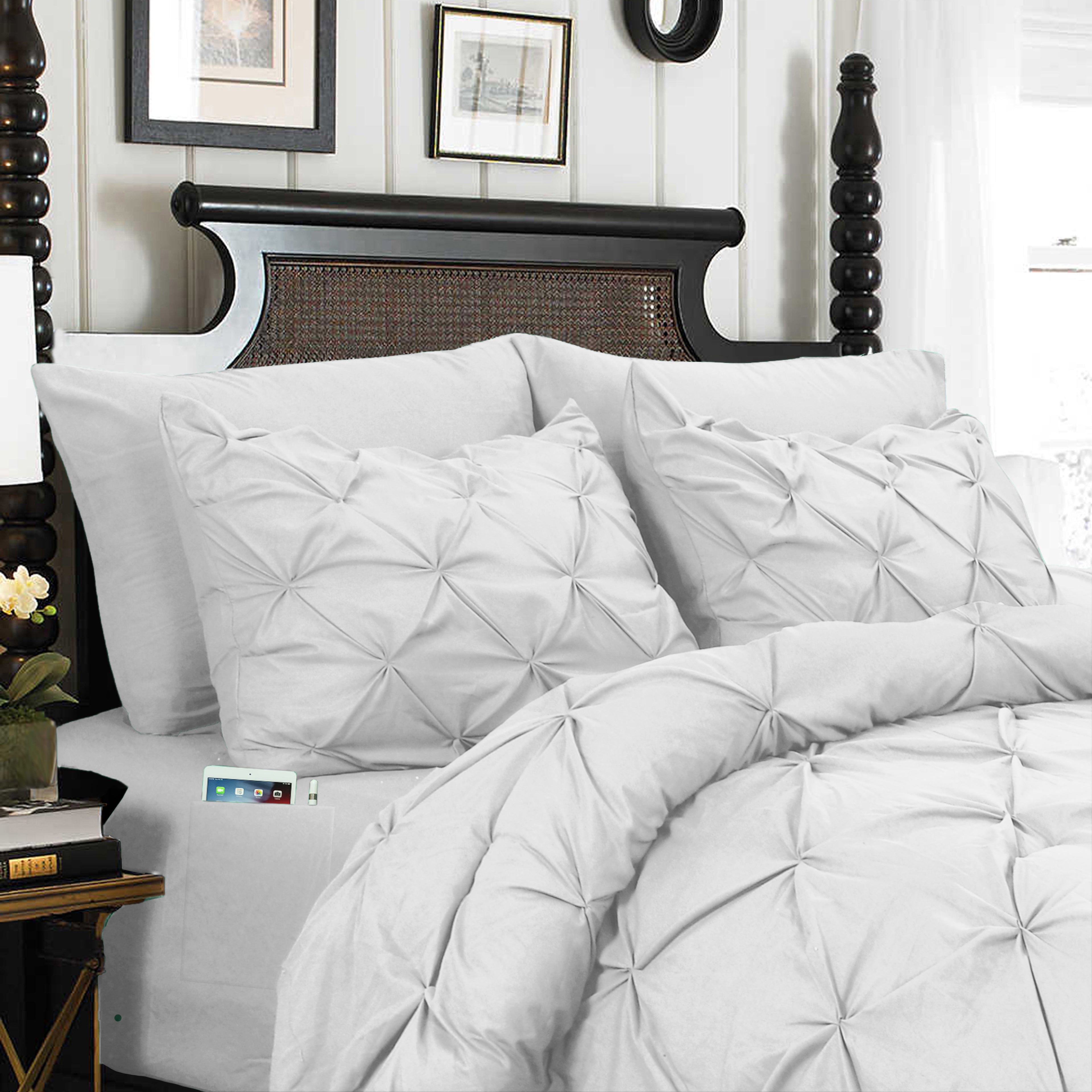 8-Piece Pintuck Pinch Pleated Comforter Set - Includes 4-Piece Sheet Set with Double Sided Storage Pockets