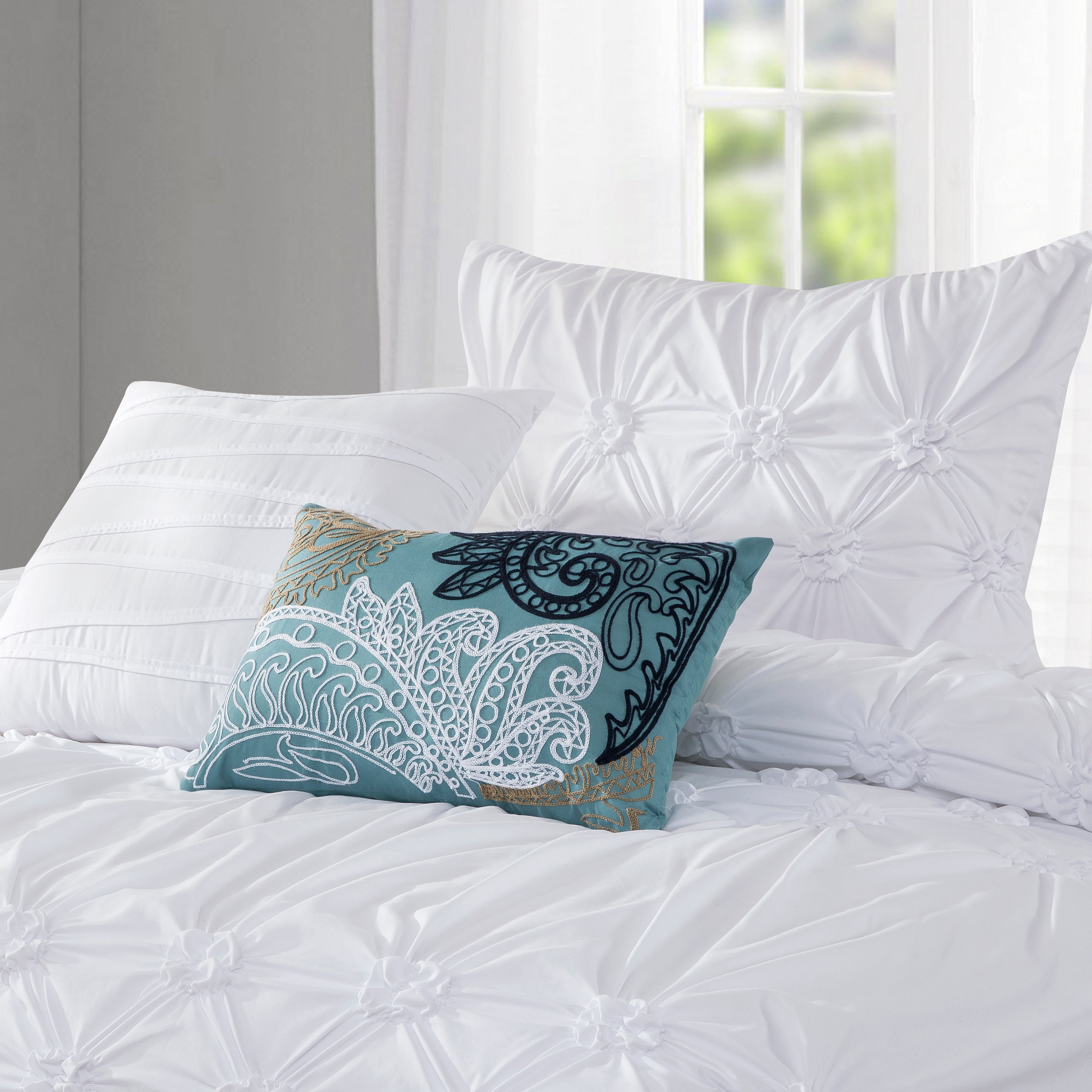 12-Piece Ella Pleated Ruched Pintuck Comforter Set, Includes 6-Piece Sheet Set with Double Sided Storage Pockets