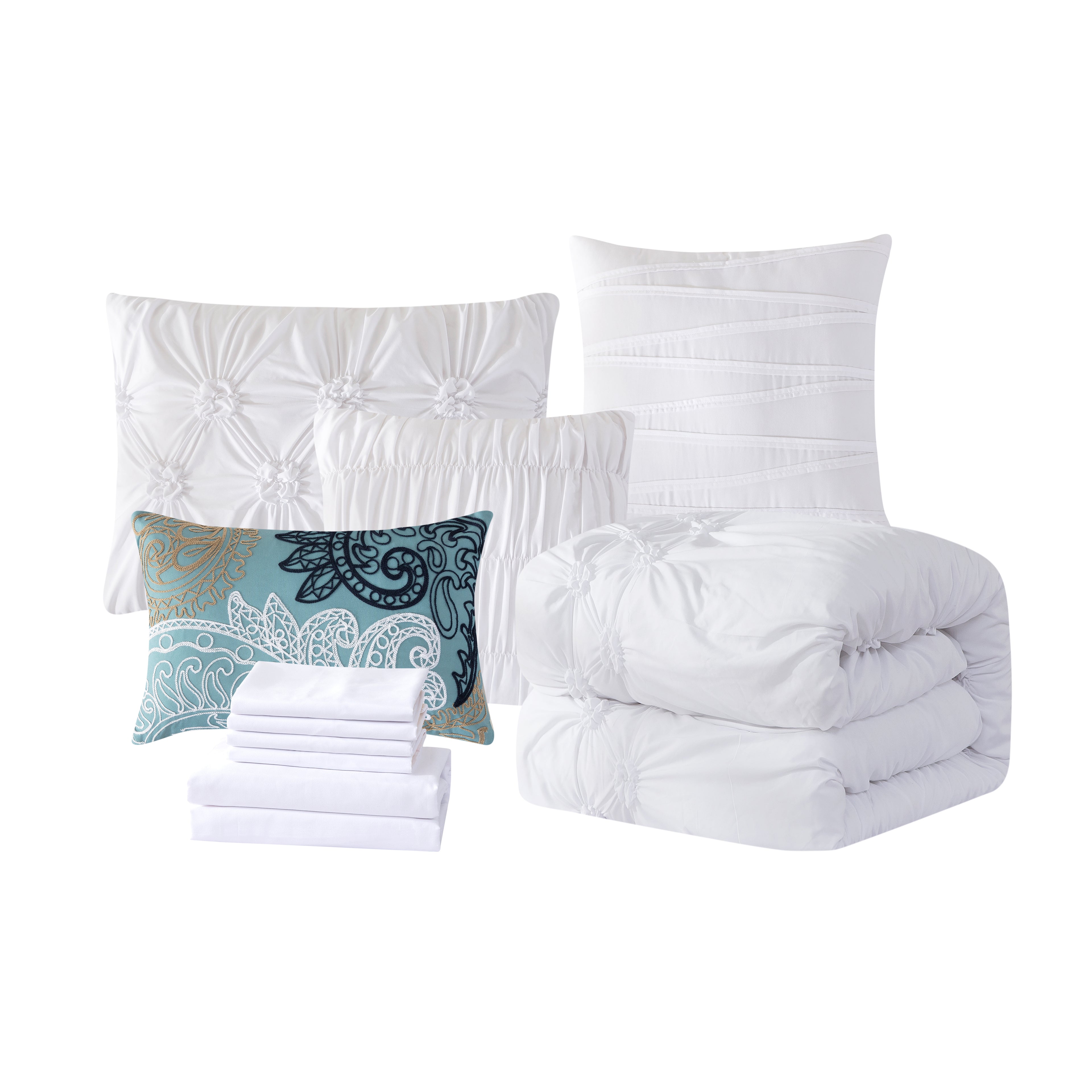 12-Piece Ella Pleated Ruched Pintuck Comforter Set, Includes 6-Piece Sheet Set with Double Sided Storage Pockets