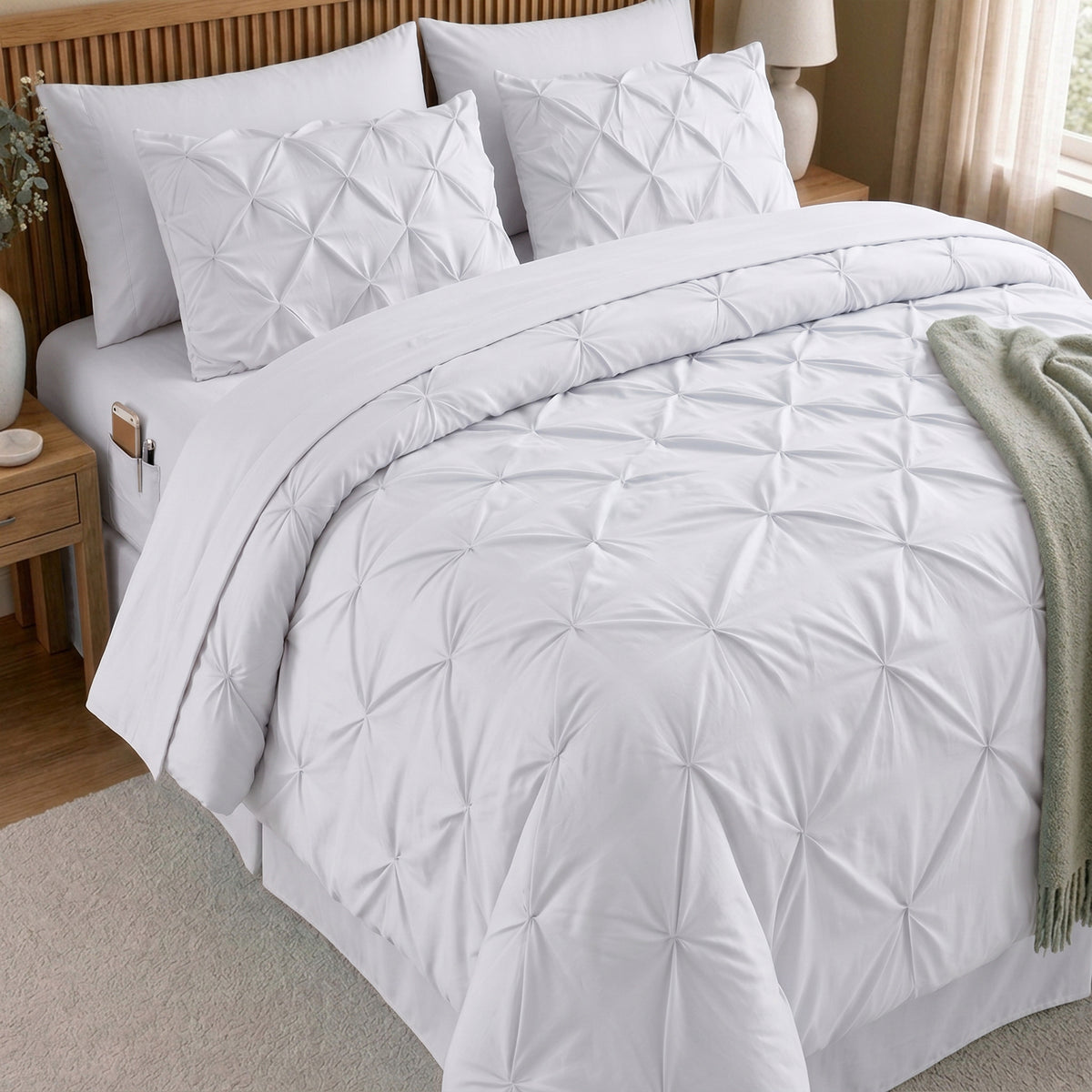 8-Piece Pintuck Pinch Pleated Comforter Set - Includes 4-Piece Sheet Set with Double Sided Storage Pockets