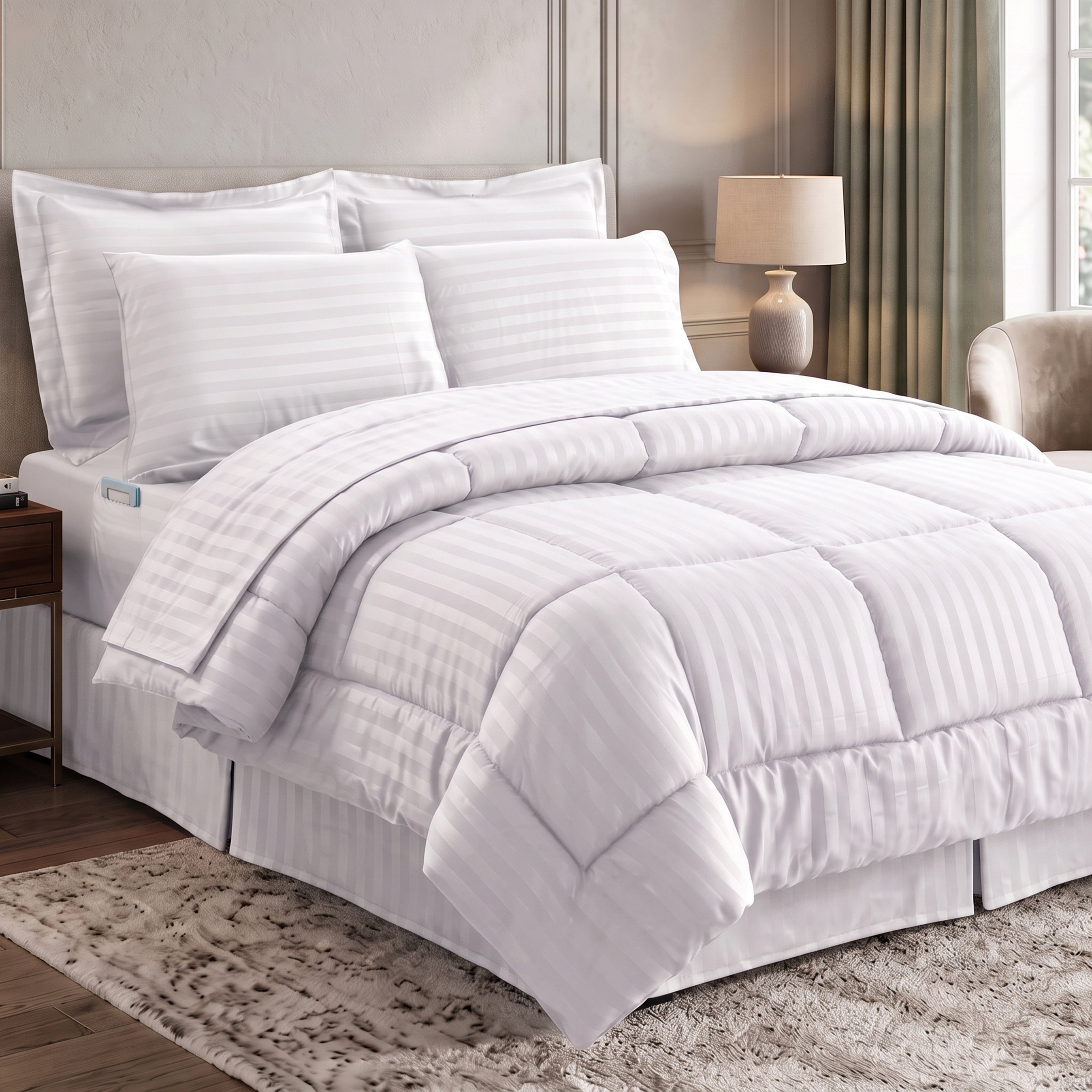 8-Piece Dobby Stripe Comforter Set - Includes 4-Piece Sheet Set with Double Sided Storage Pockets
