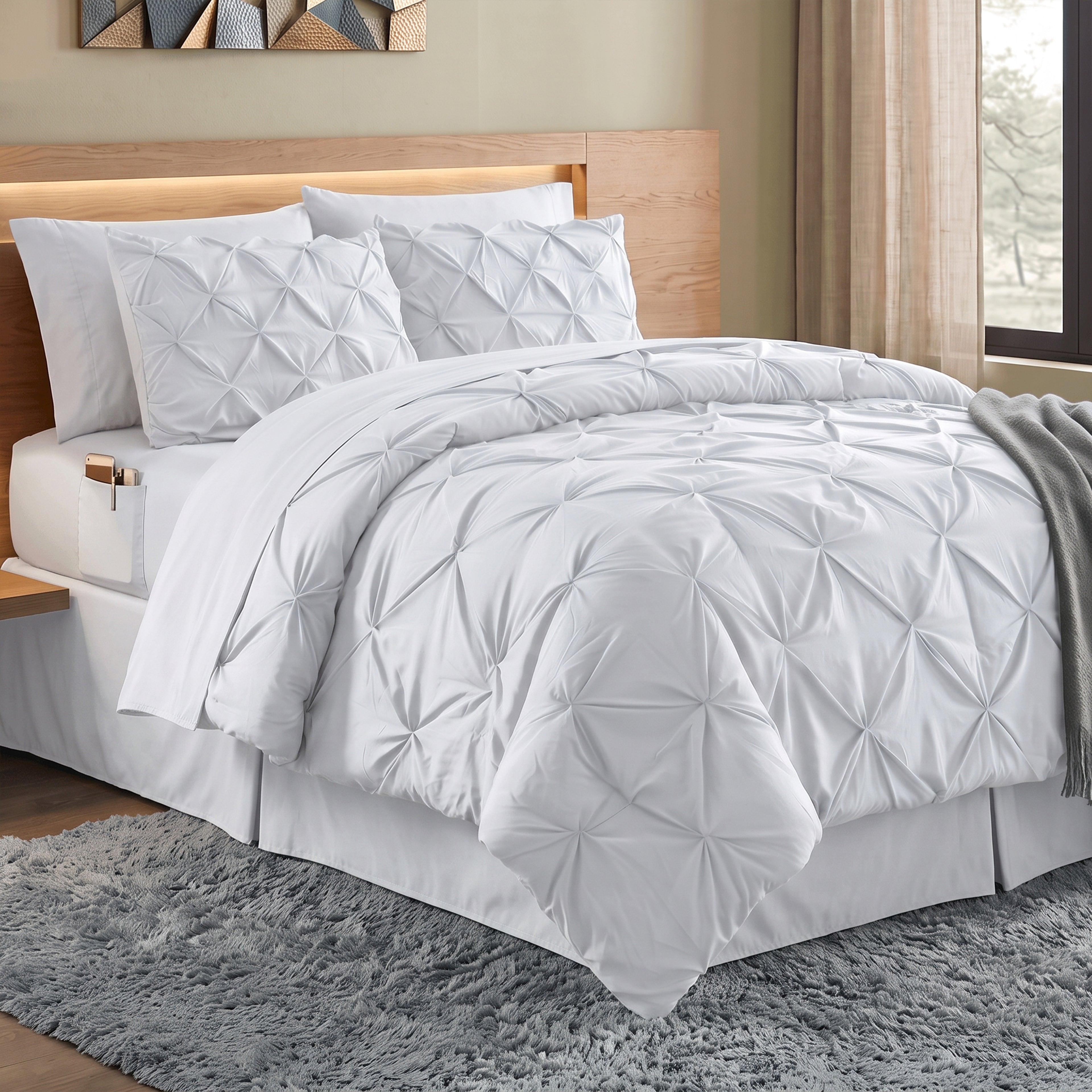 8-Piece Pintuck Pinch Pleated Comforter Set - Includes 4-Piece Sheet Set with Double Sided Storage Pockets