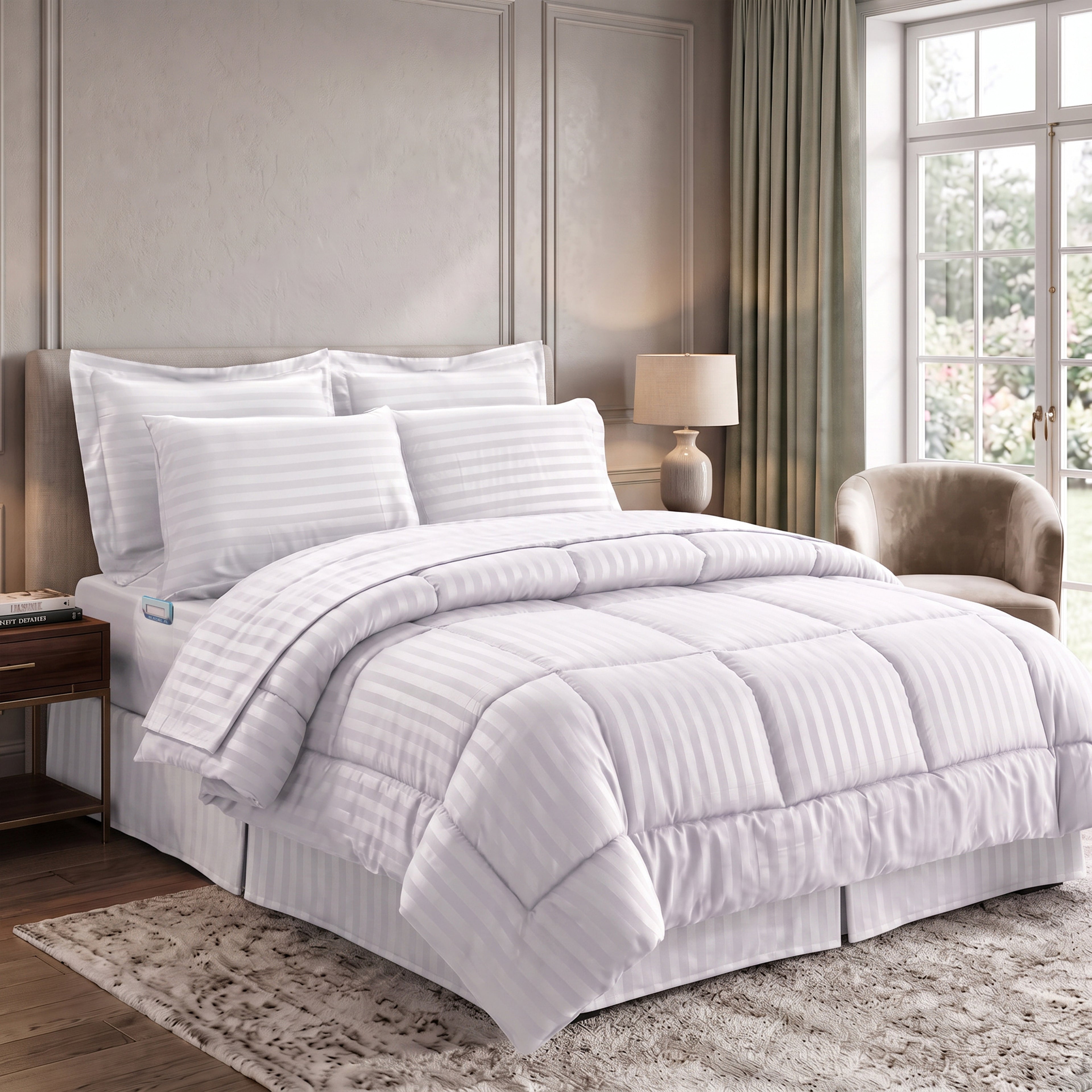 8-Piece Dobby Stripe Comforter Set - Includes 4-Piece Sheet Set with Double Sided Storage Pockets