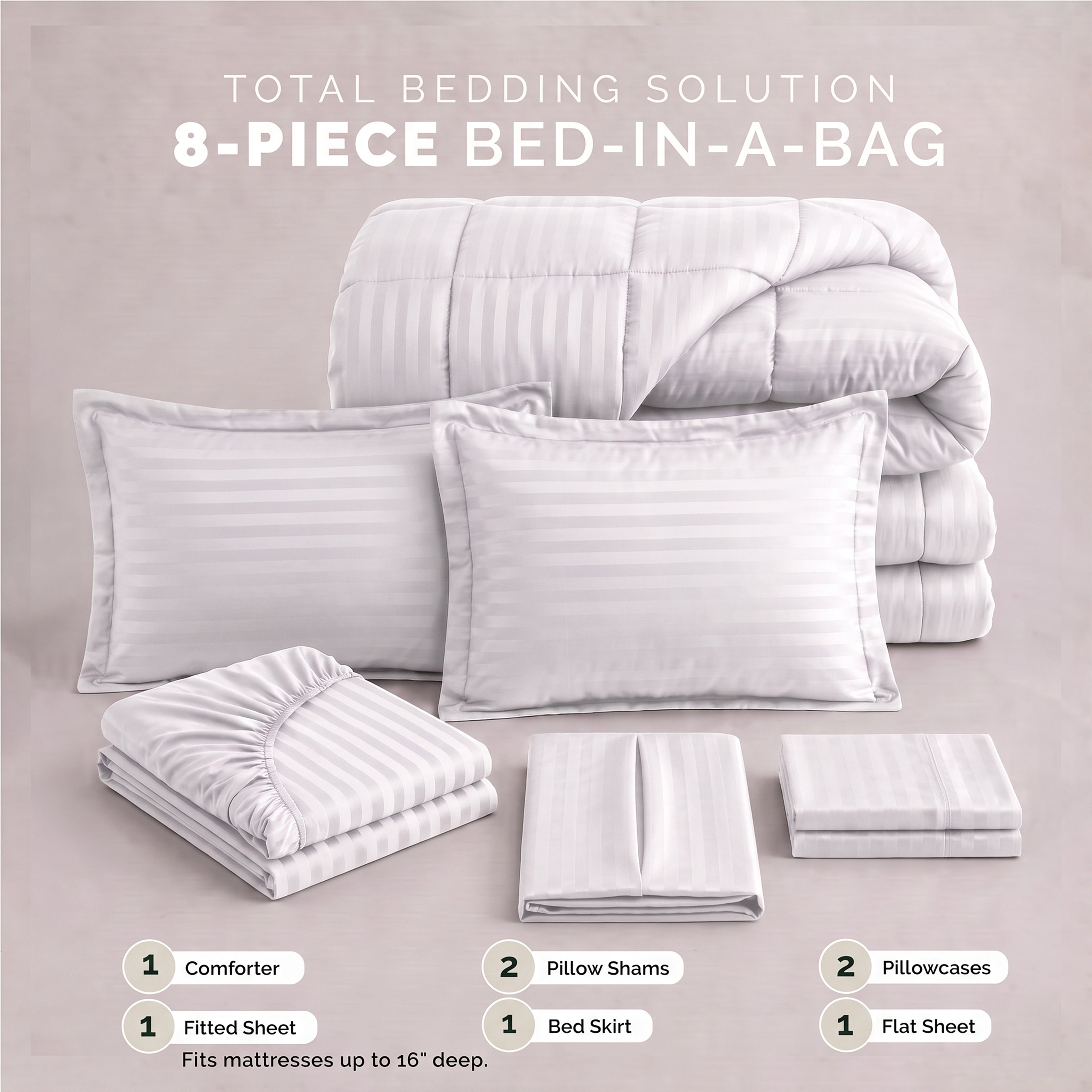 8-Piece Dobby Stripe Comforter Set - Includes 4-Piece Sheet Set with Double Sided Storage Pockets