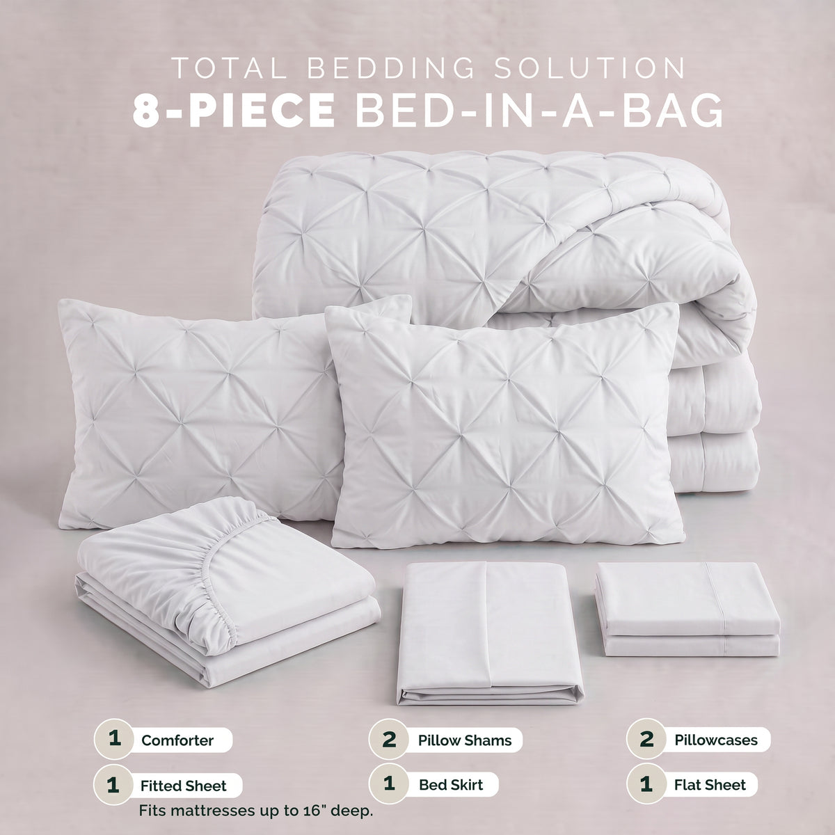 8-Piece Pintuck Pinch Pleated Comforter Set - Includes 4-Piece Sheet Set with Double Sided Storage Pockets