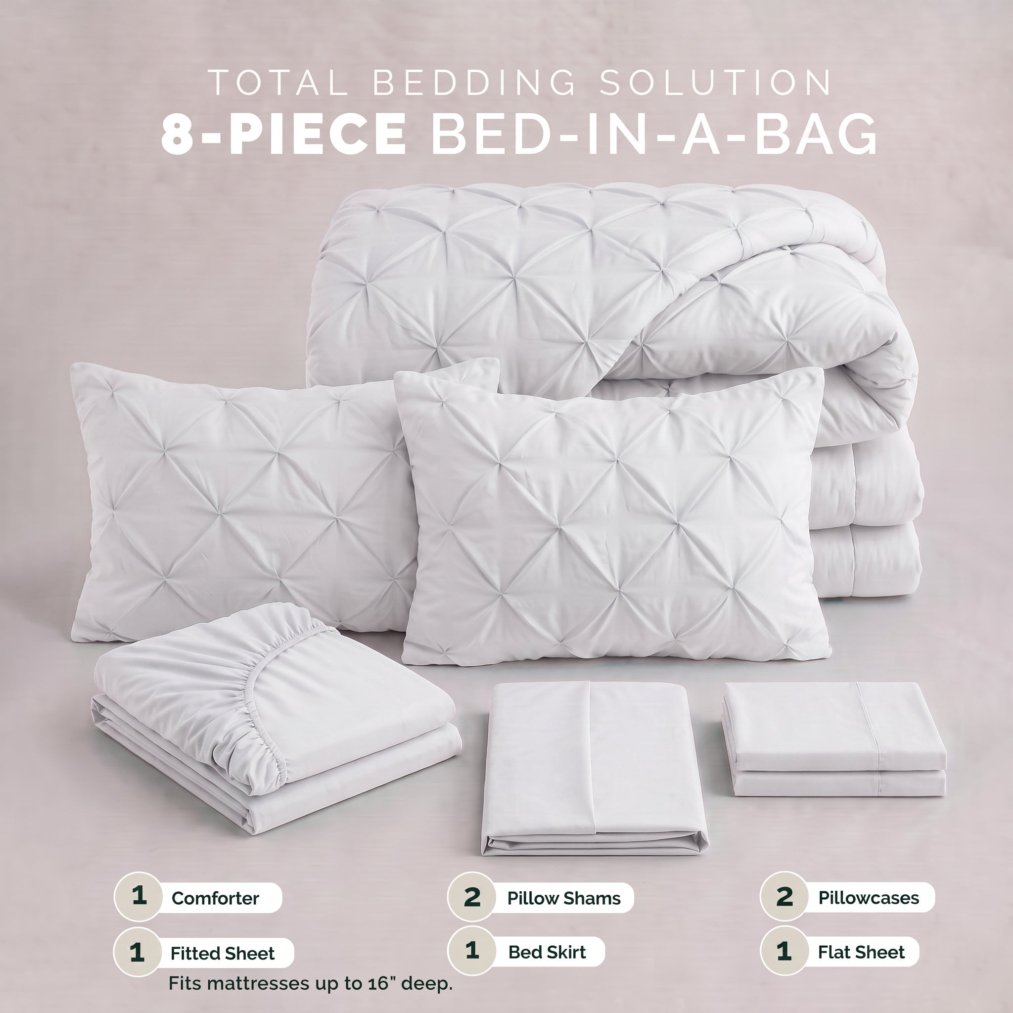 8-Piece Pintuck Pinch Pleated Comforter Set - Includes 4-Piece Sheet Set with Double Sided Storage Pockets