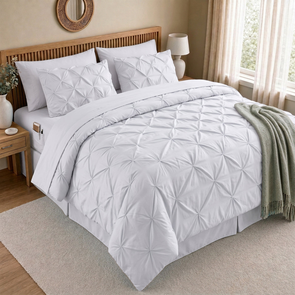 8-Piece Pintuck Pinch Pleated Comforter Set - Includes 4-Piece Sheet Set with Double Sided Storage Pockets