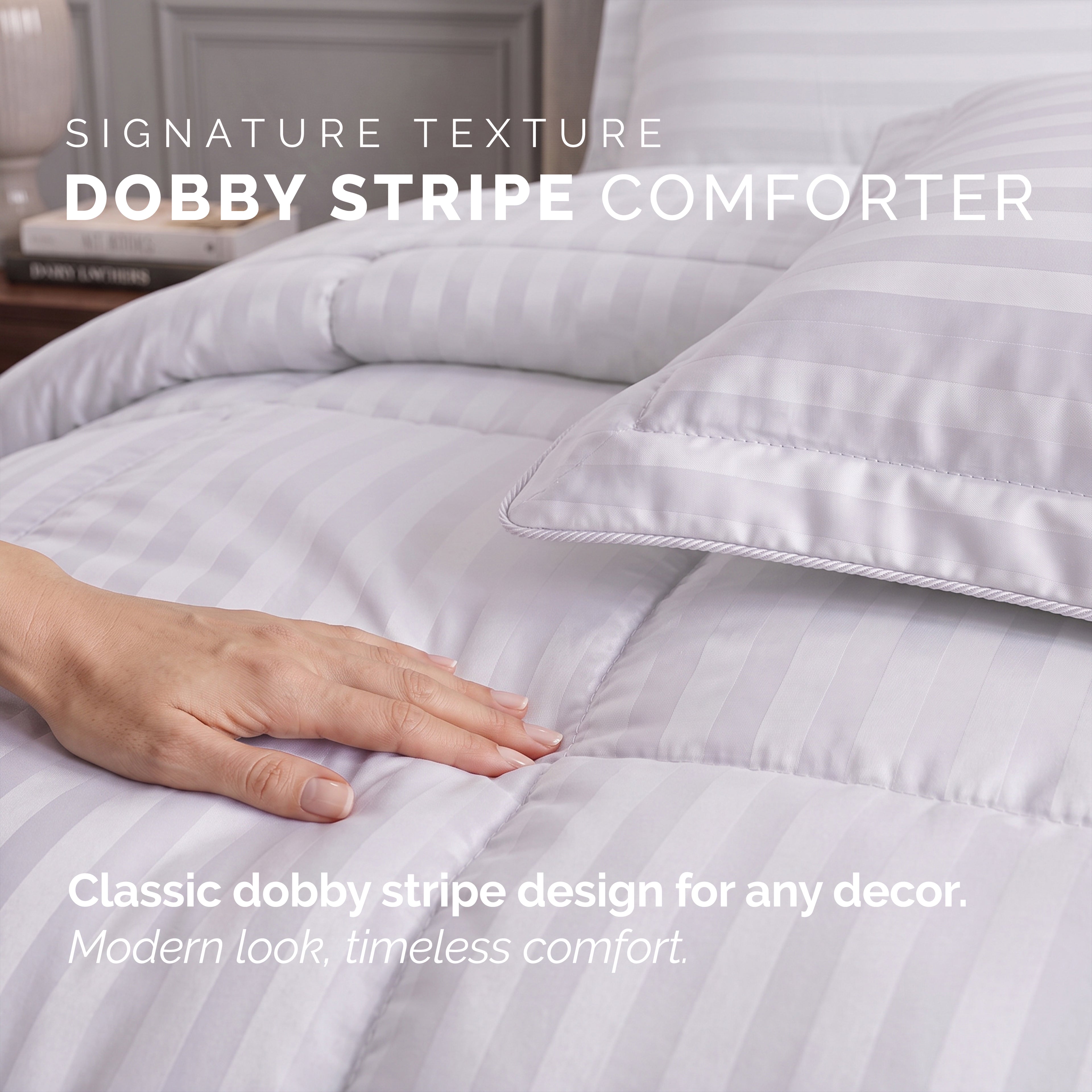 8-Piece Dobby Stripe Comforter Set - Includes 4-Piece Sheet Set with Double Sided Storage Pockets